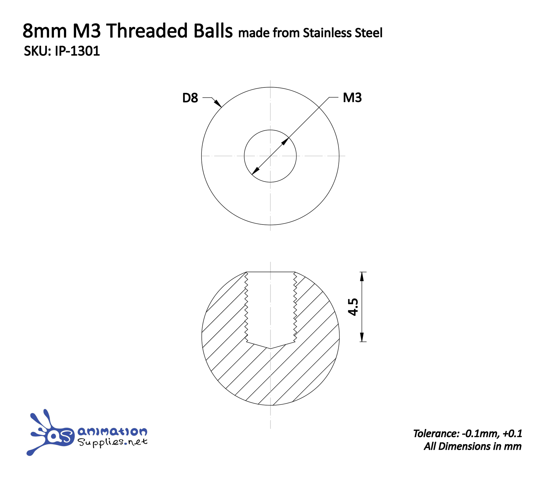 8mm M3 Threaded Balls Scale Drawing