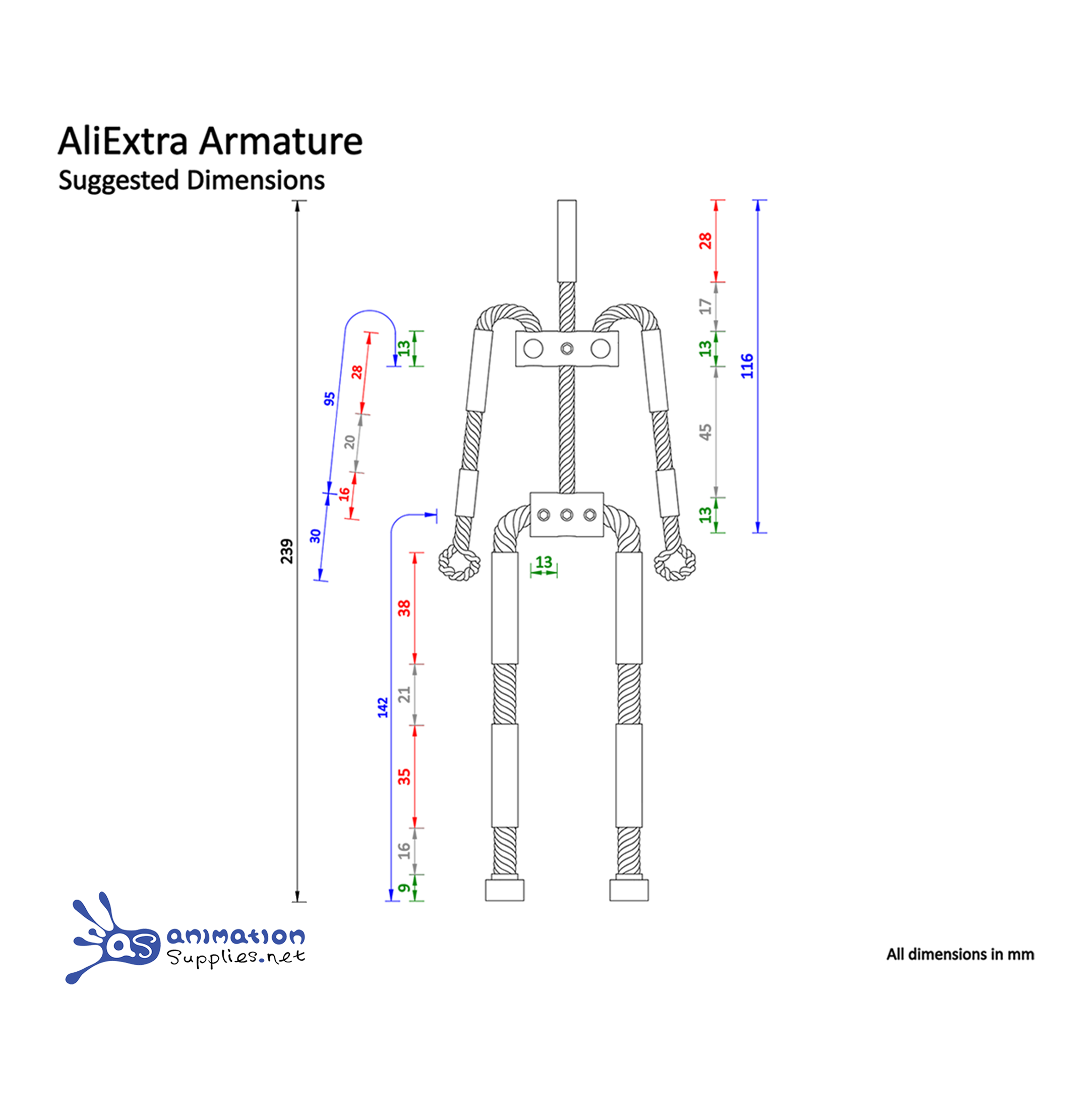 Technical drawing of AliExtra Armature from Animation Supplies with suggested dimensions.