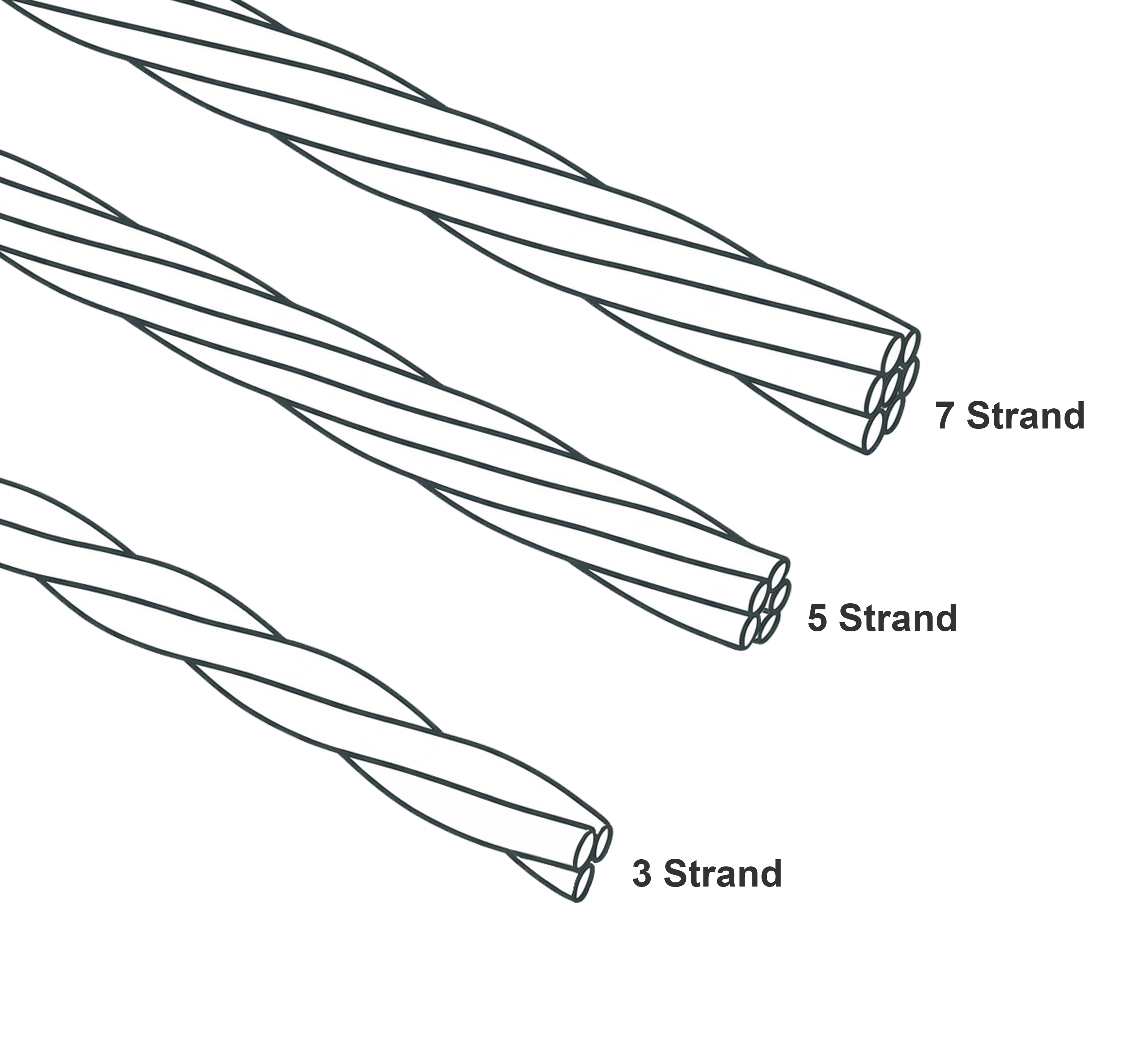 Drawing of twisted stop motion aluminium wire. Shown in 3 sizes.
