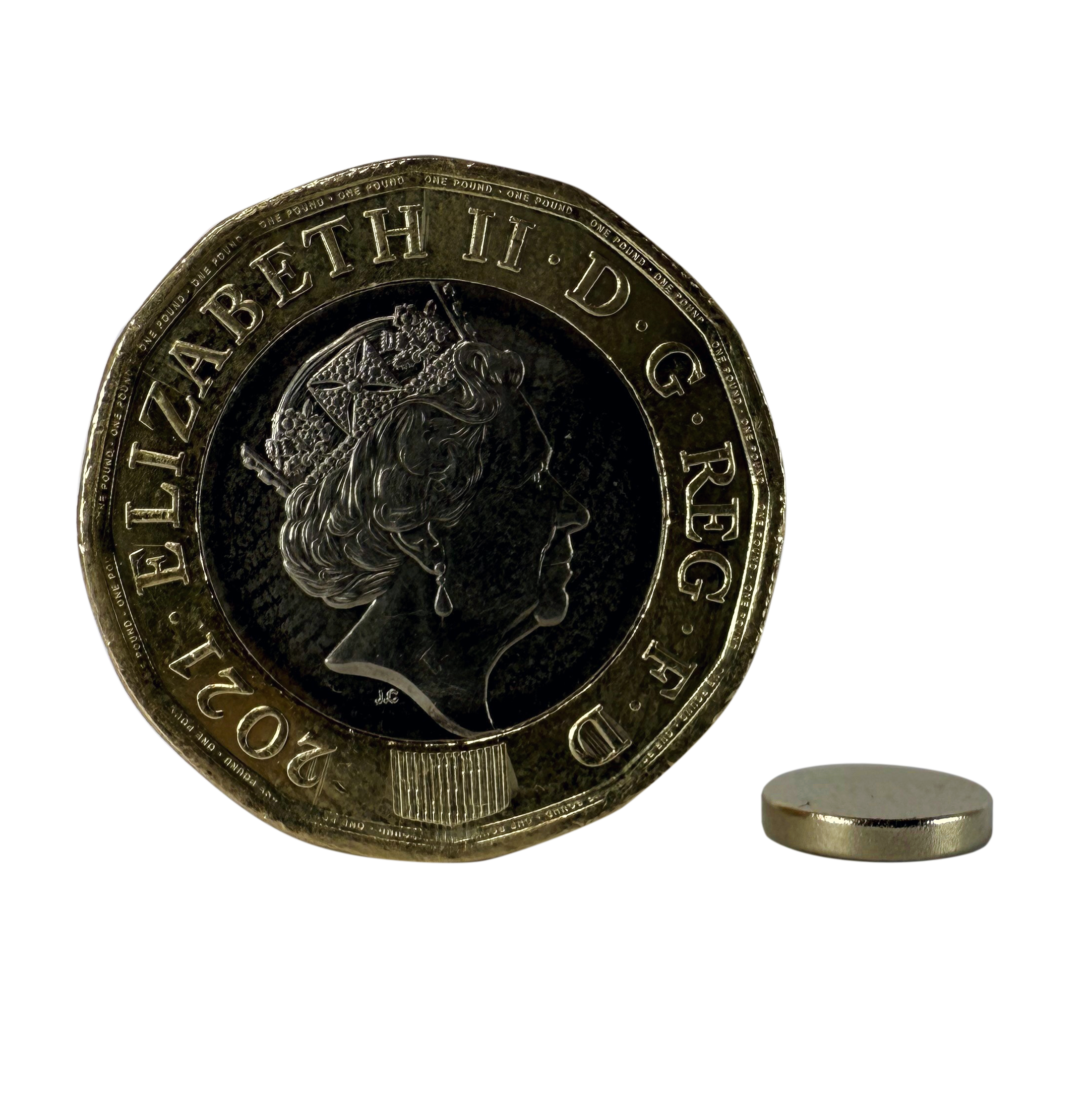 D8.0 x 1.5mm N35 Neodymium Magnet shown with a pound coin for scale.