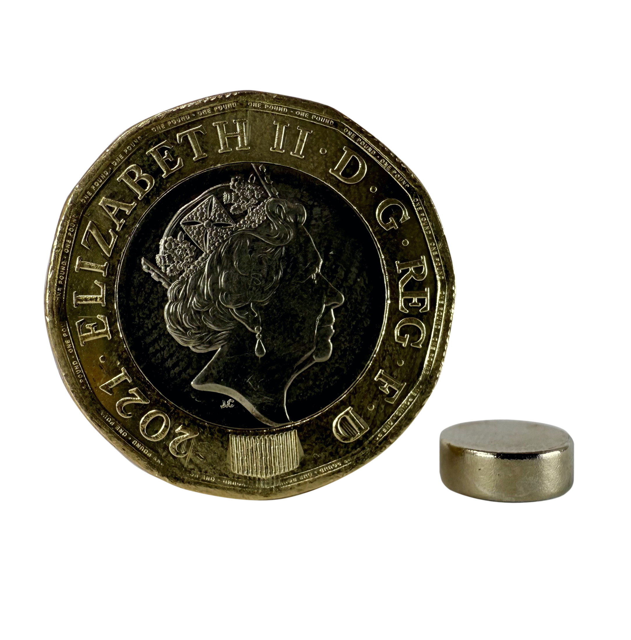 D8.0 x 3.0mm Neodymium disc magnets. Nickel Plated. Pack of 10. Shown with pound coin for scale.