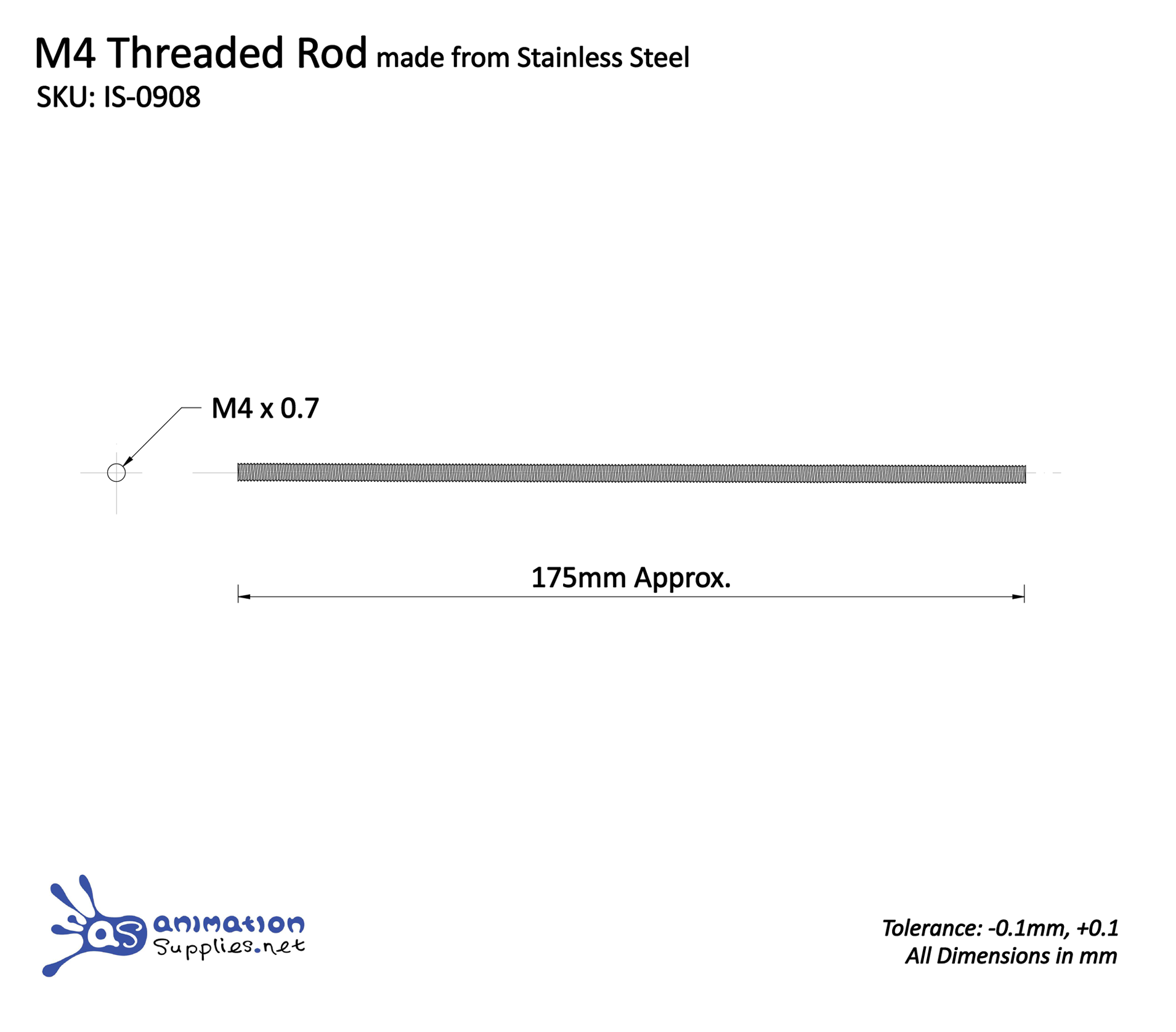 Technical drawing of M4 threaded rod made from stainless steel with dimensions and tolerance information.