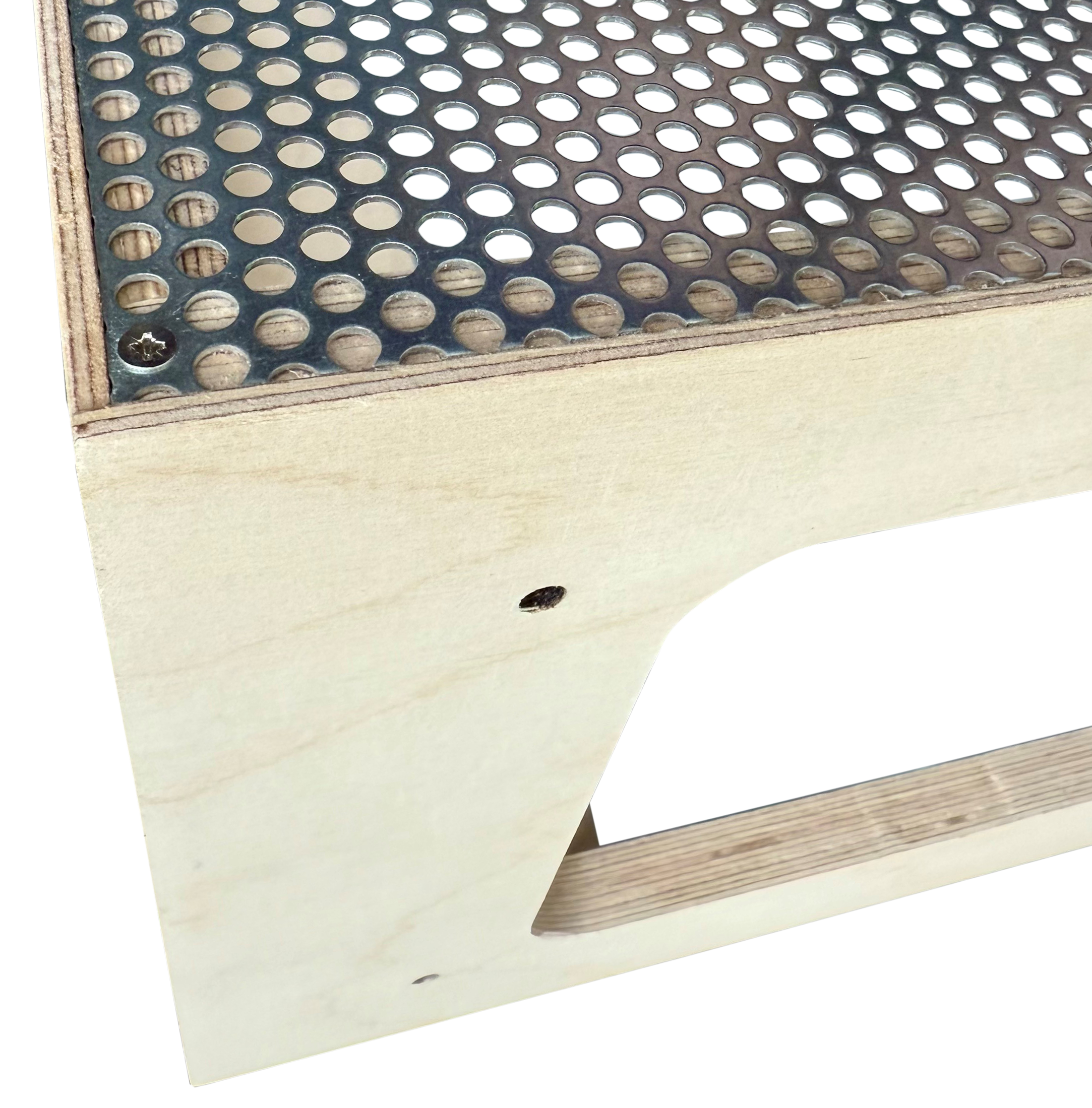 Close-up of Stop Motion Animation Stage, showing how the design encapsulates the sharp edges of the perforated steel.