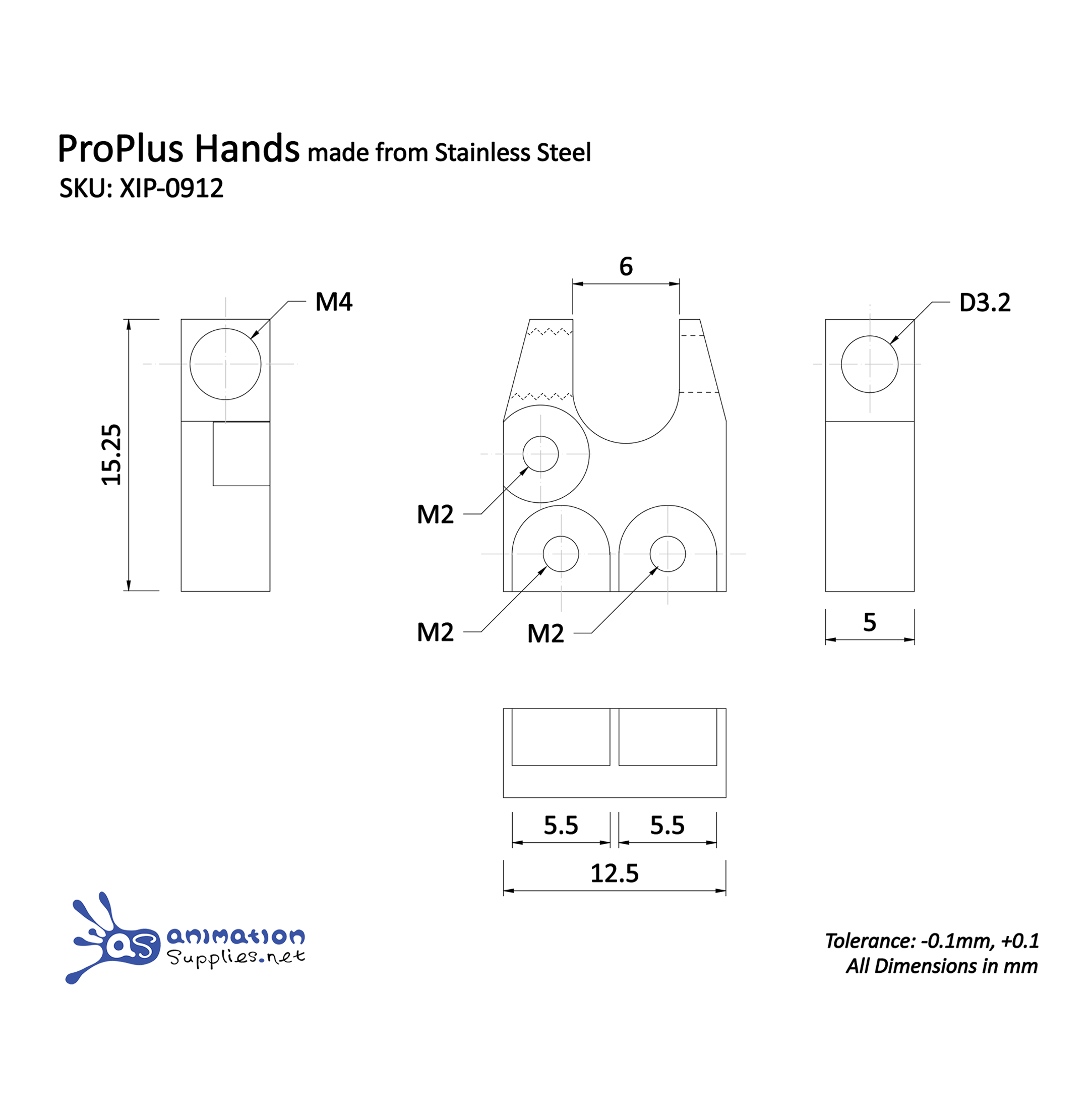 Technical drawing of ProPlus Hands made from Stainless Steel with dimensions and tolerances. Used in our ProPlus Stop Motion Armatures.