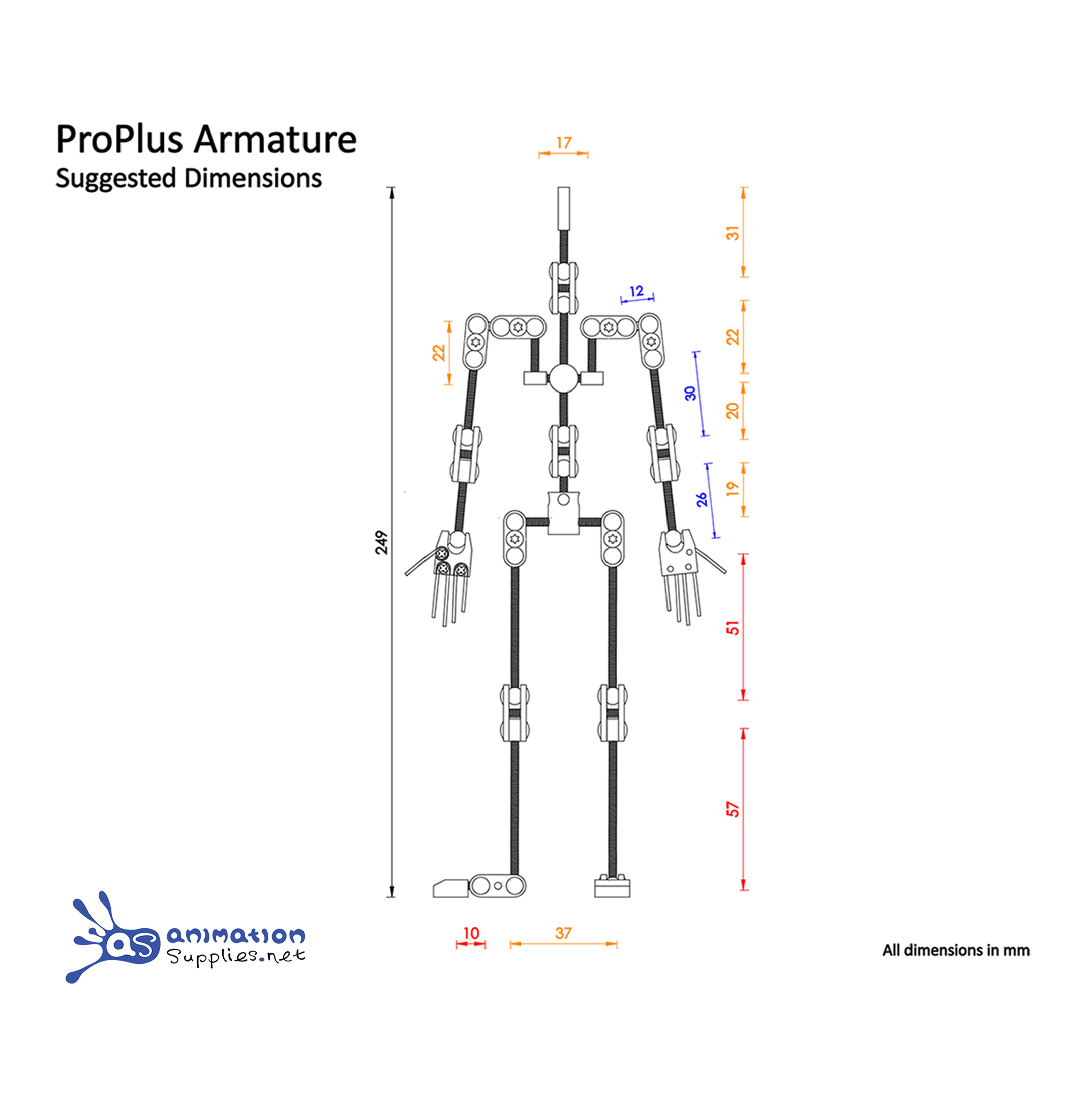 Technical drawing of ProPlus Armature with suggested dimensions for your Stop Motion Armature.