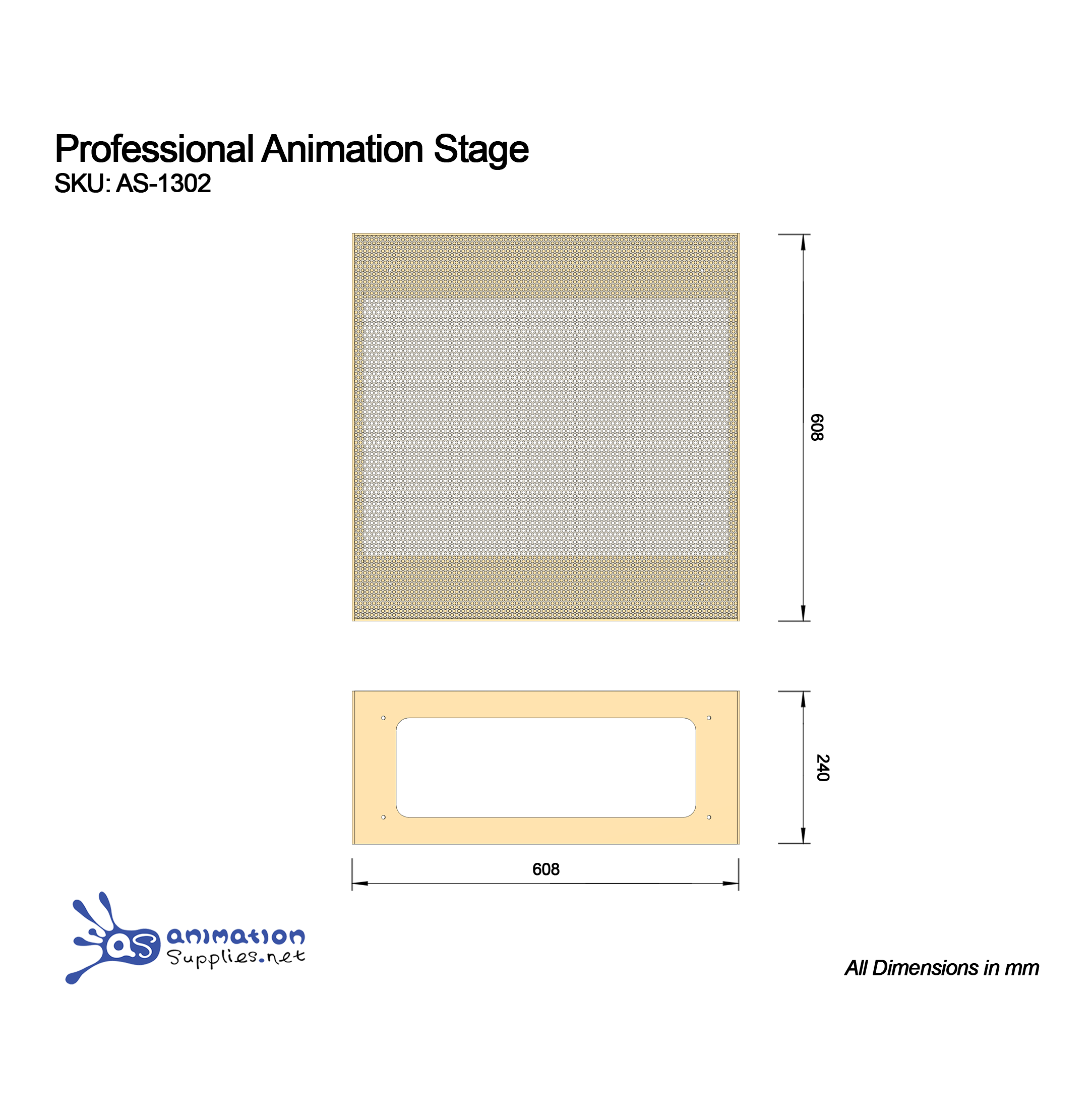 Professional Animation Stage with dimensions and specifications. The perfect platform for Stop Motion Animation.