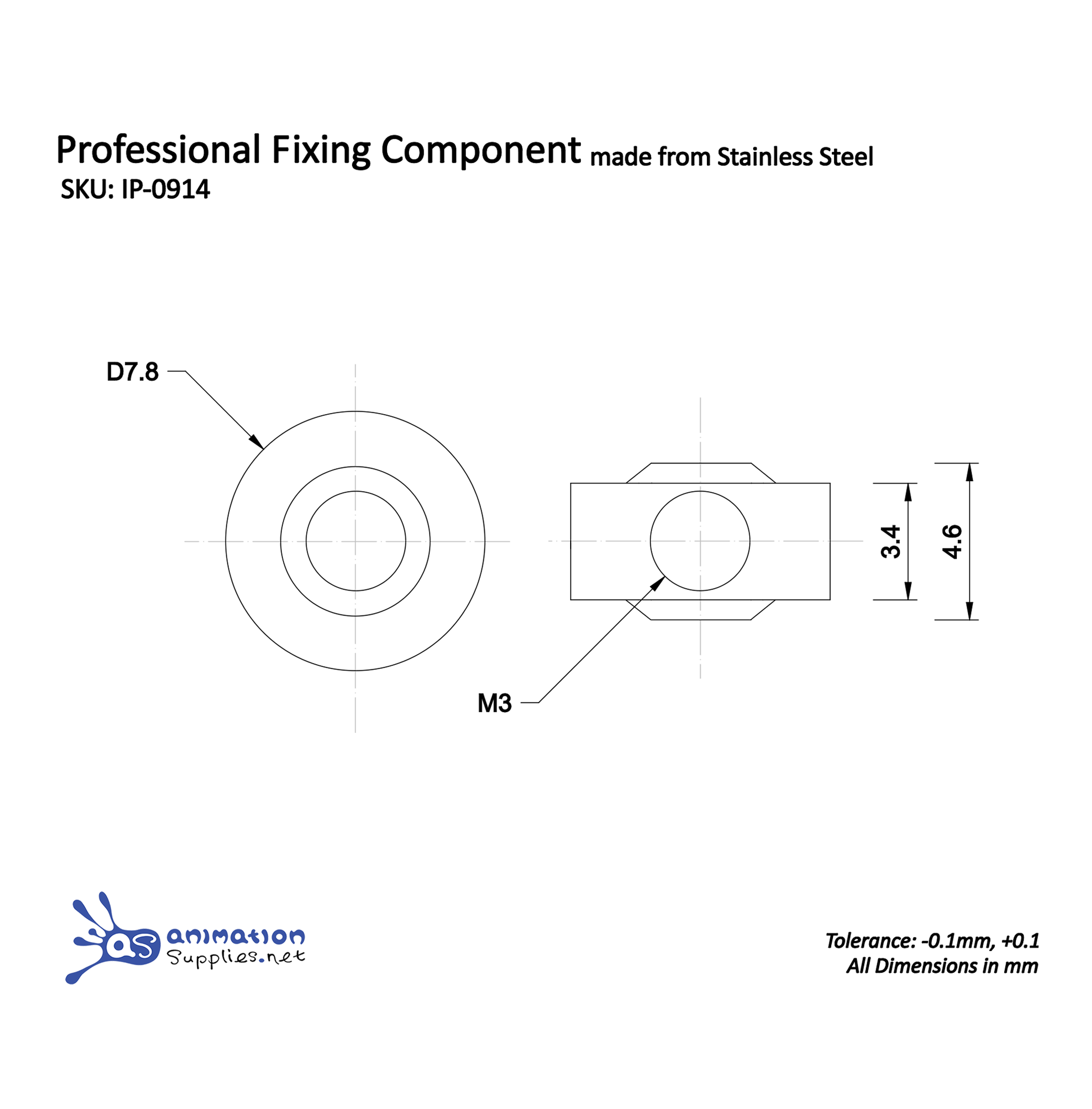 Technical drawing of a professional fixing component made from stainless steel with dimensions and tolerances. Used in our Professional and ProPlus Stop Motion Armatures.