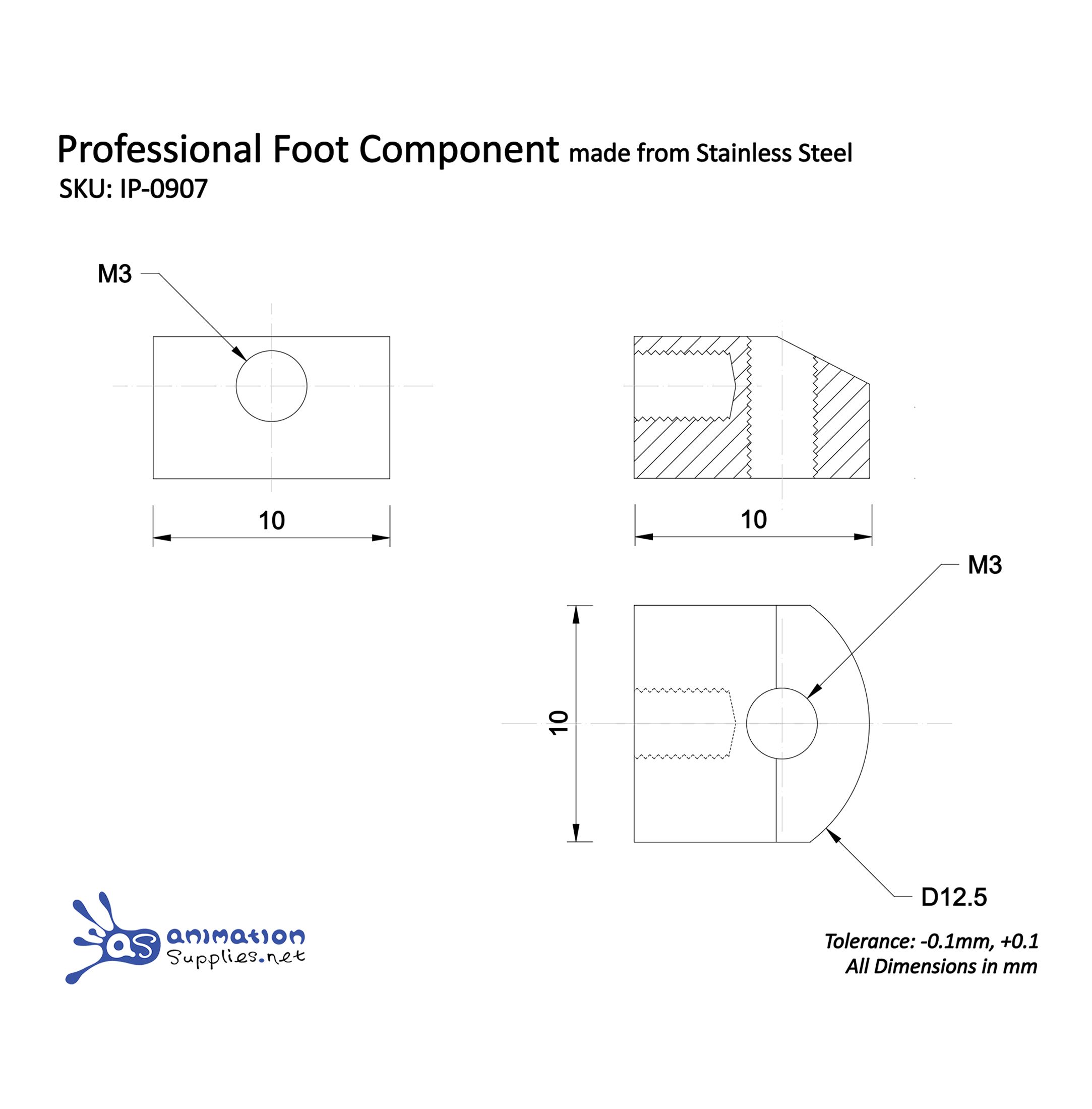Technical drawing of a professional foot component made from stainless steel with dimensions and tolerances. Used in Animation Supplies Professional and ProPlus Armatures.