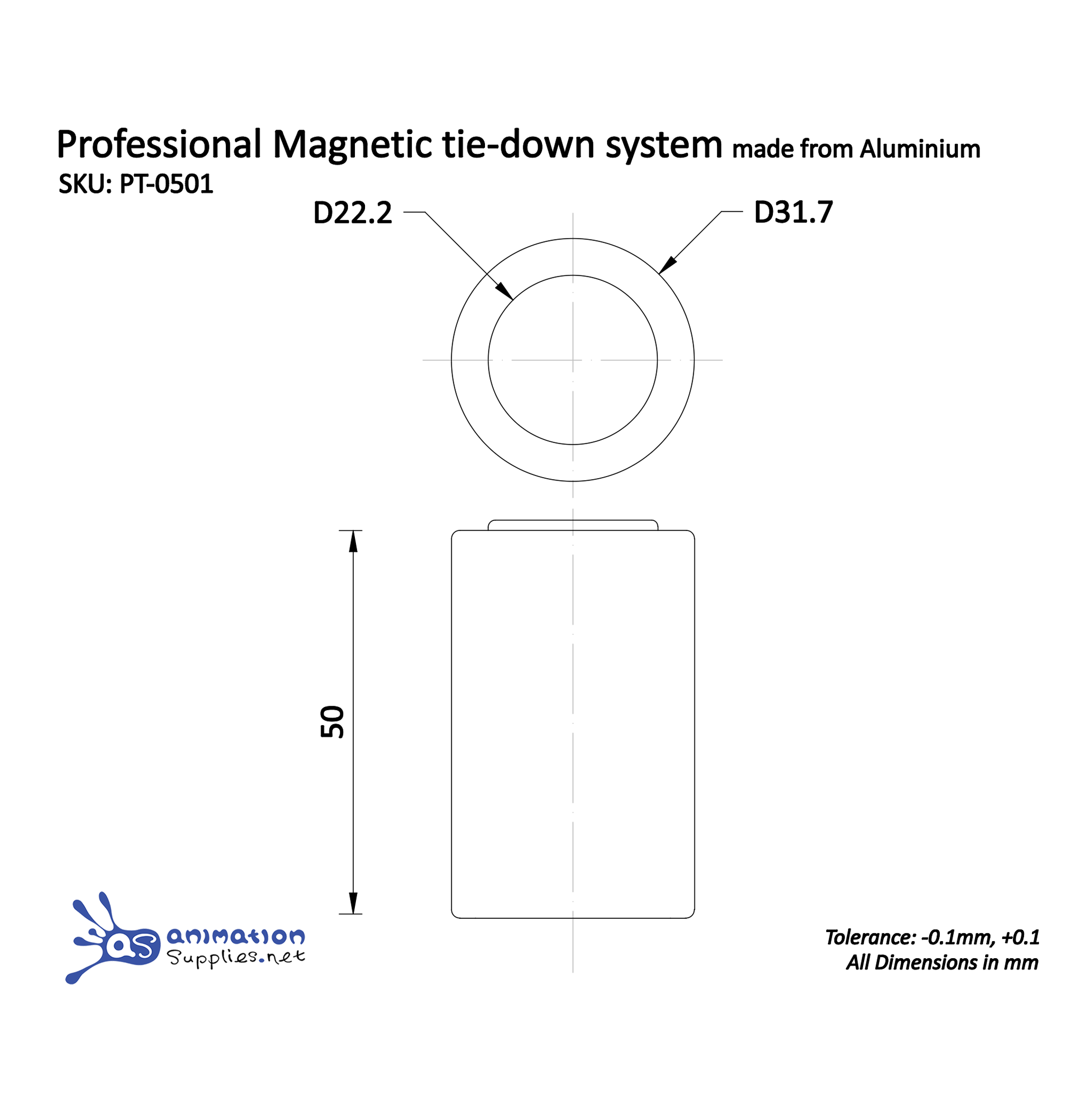 Technical drawing of a professional animation magnetic tie-down system in aluminium housing with dimensions.
