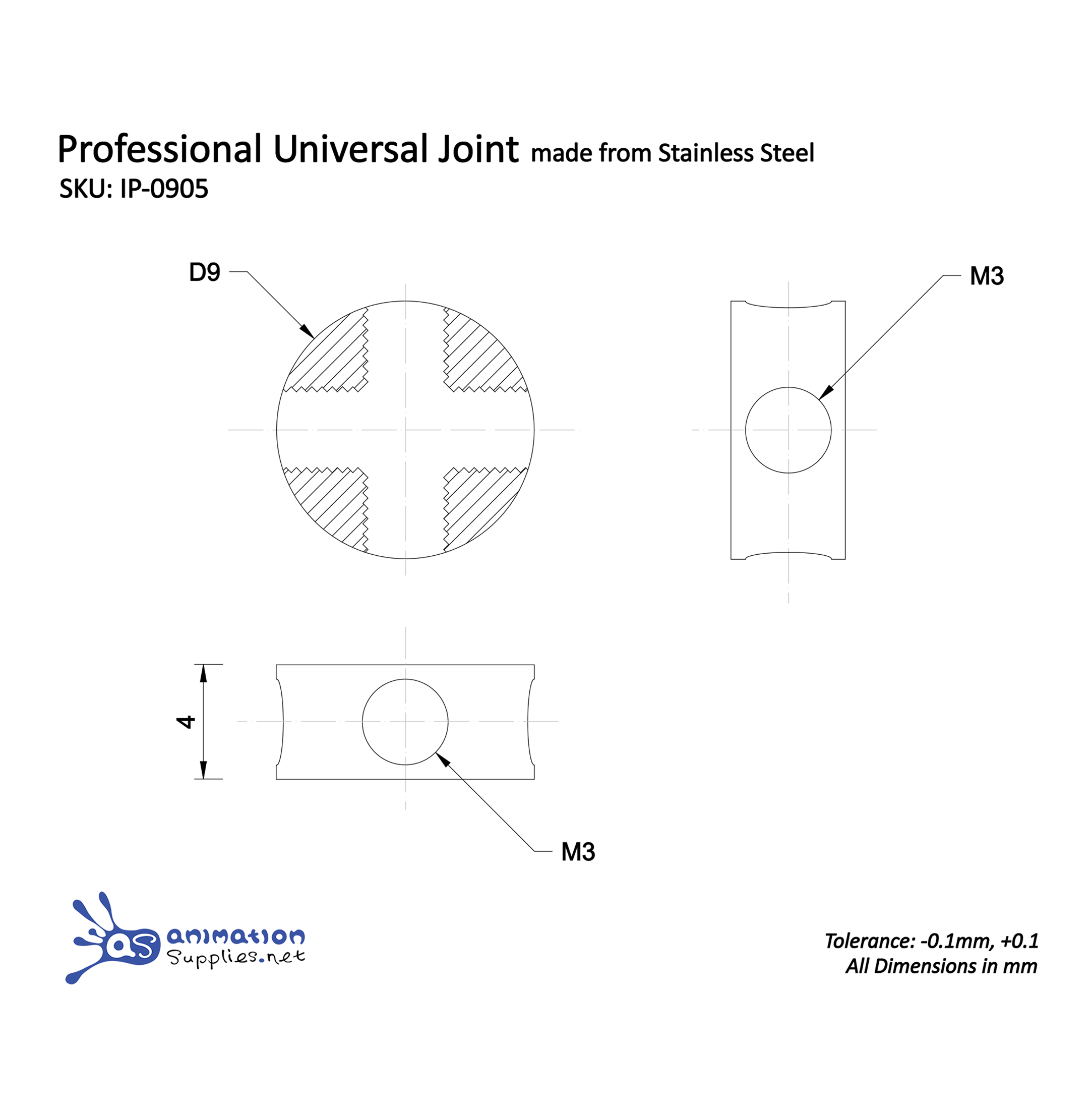 Technical drawing of a professional universal joint made from stainless steel with dimensions and tolerances. Used in Animation Supplies Armature Kits.