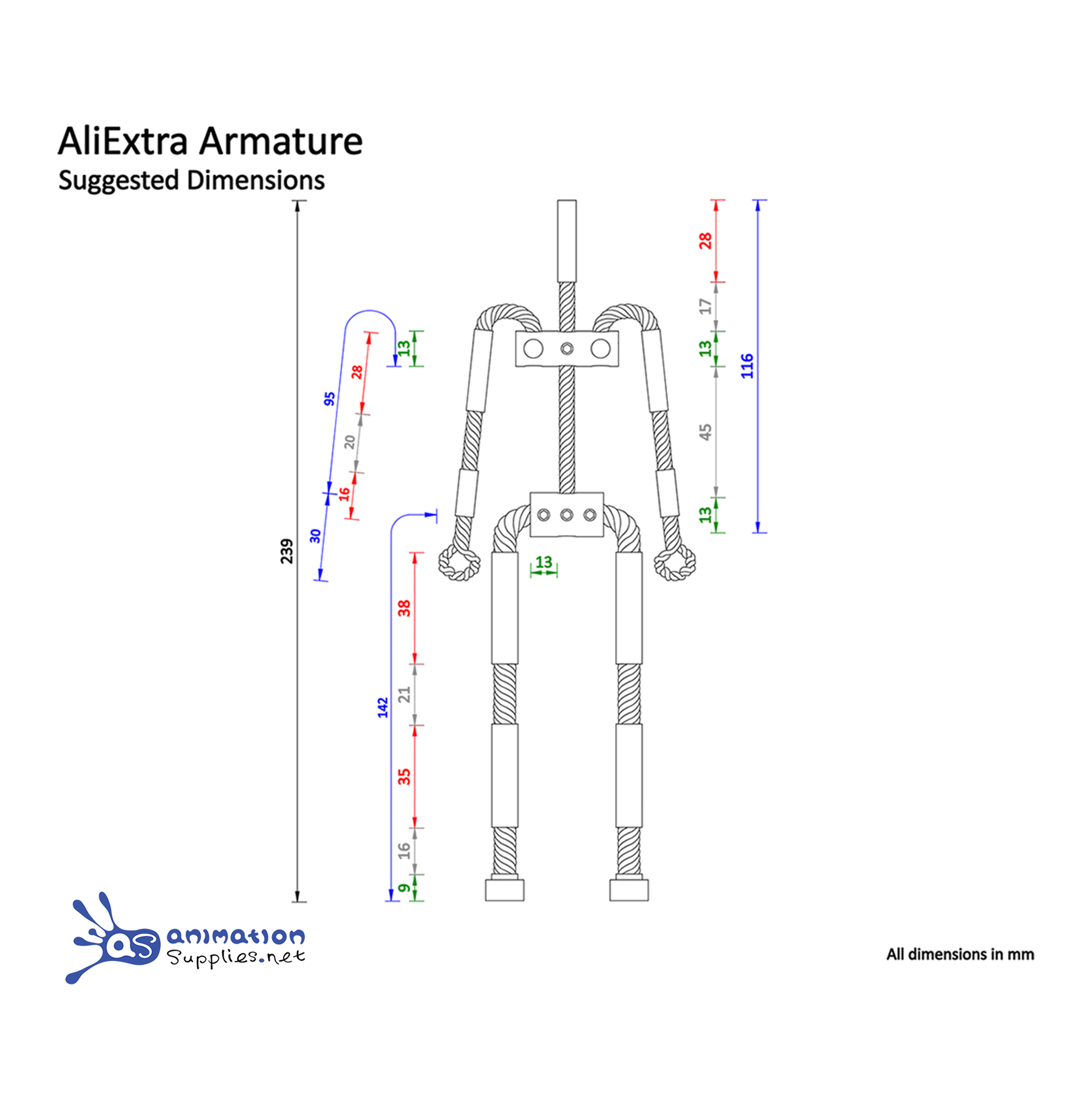 Technical drawing of the Ready-made AliExtra Stop Motion Wire Armature from Animation Supplies with dimensions.