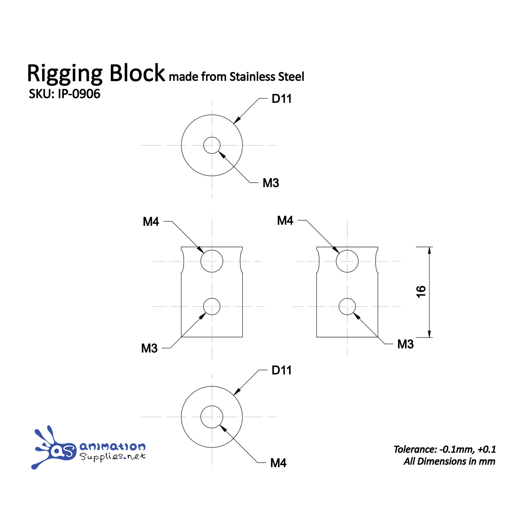 Technical drawing of a rigging block made from stainless steel with dimensions and tolerances. Used to attach rigs to our armature kits.