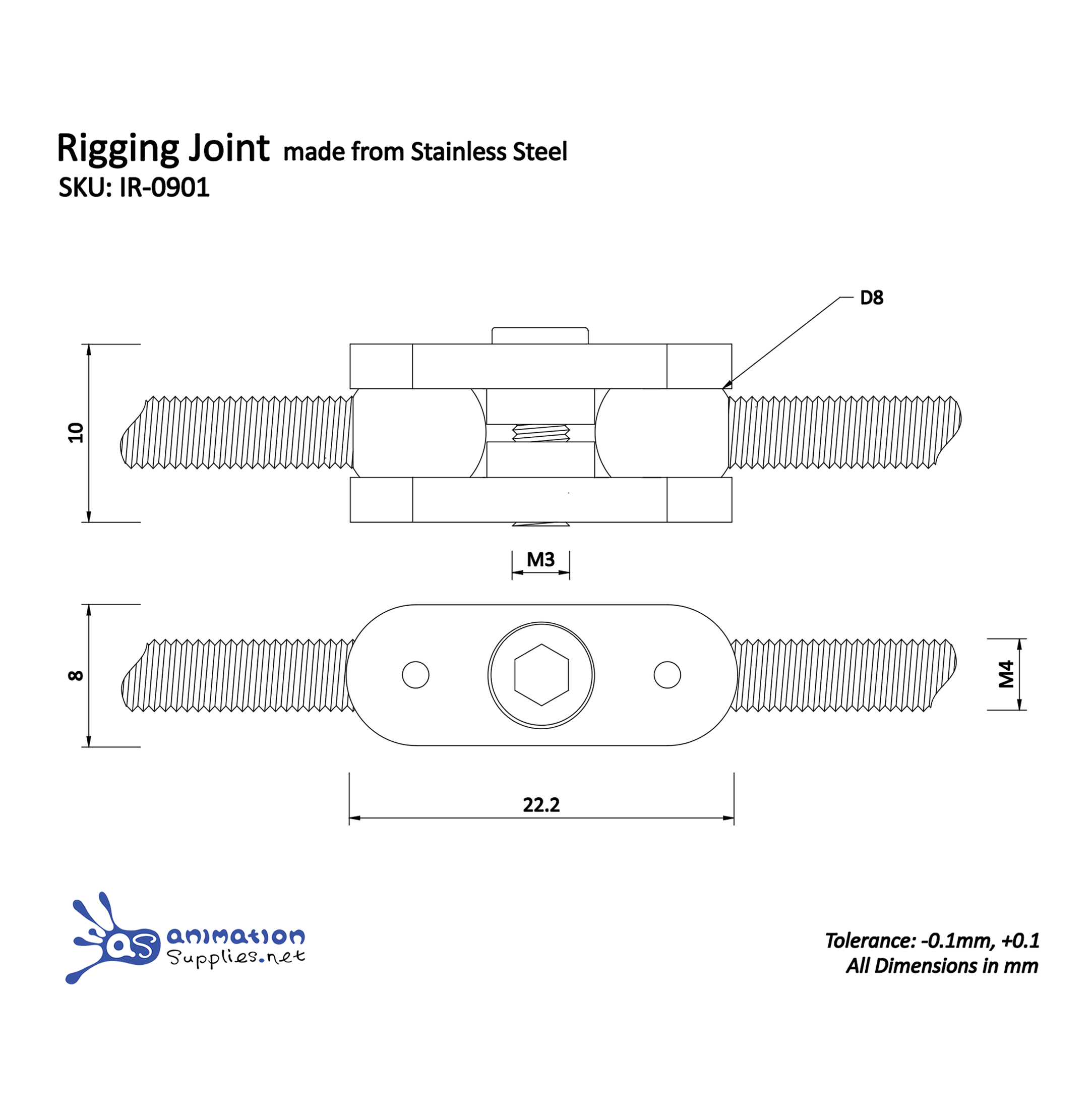 Technical drawing of a rigging joint made from stainless steel with dimensions and tolerances. Used in our Animation Rigs.