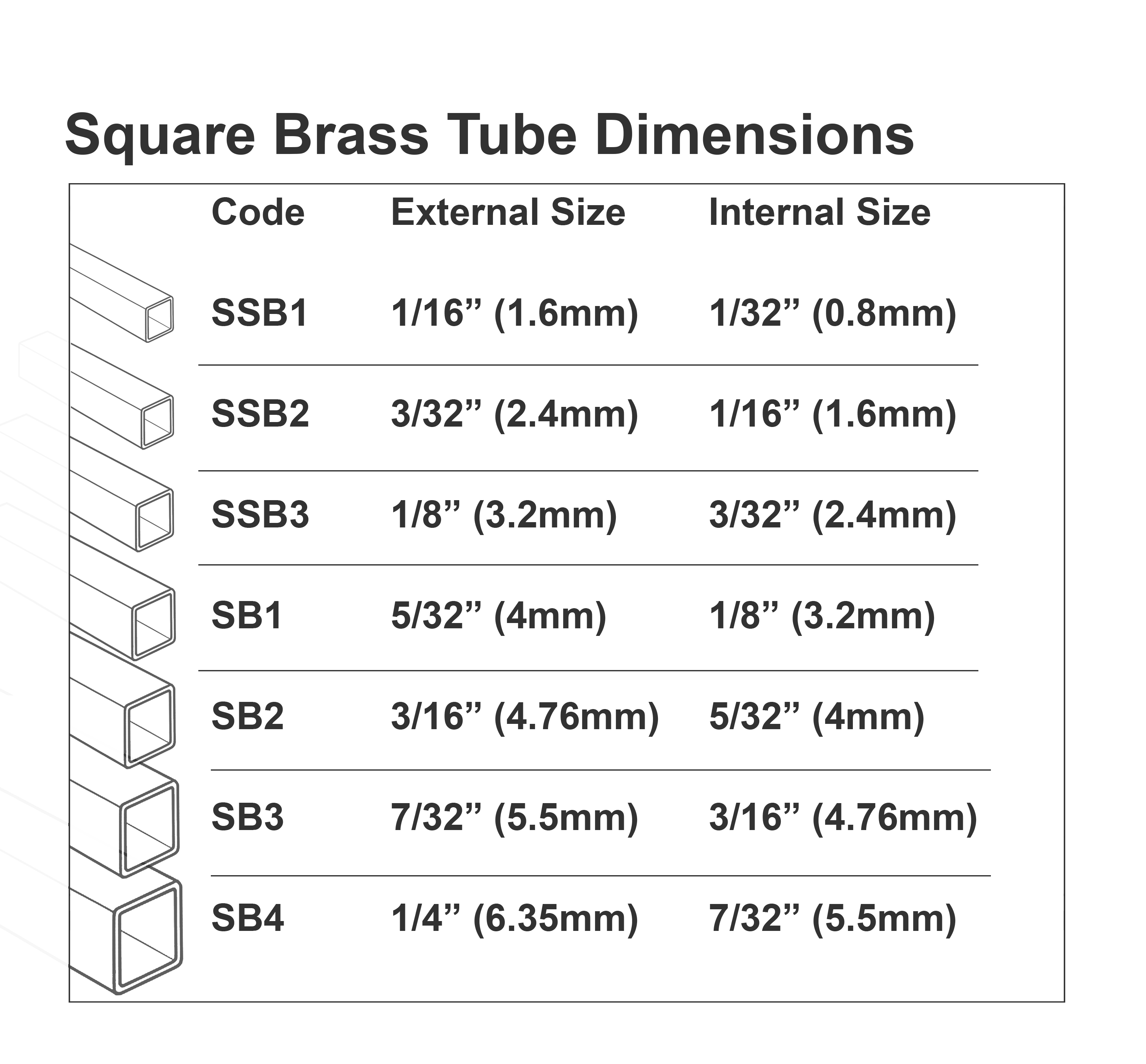 Table showing internal and external dimensions of Square Brass Tubes.