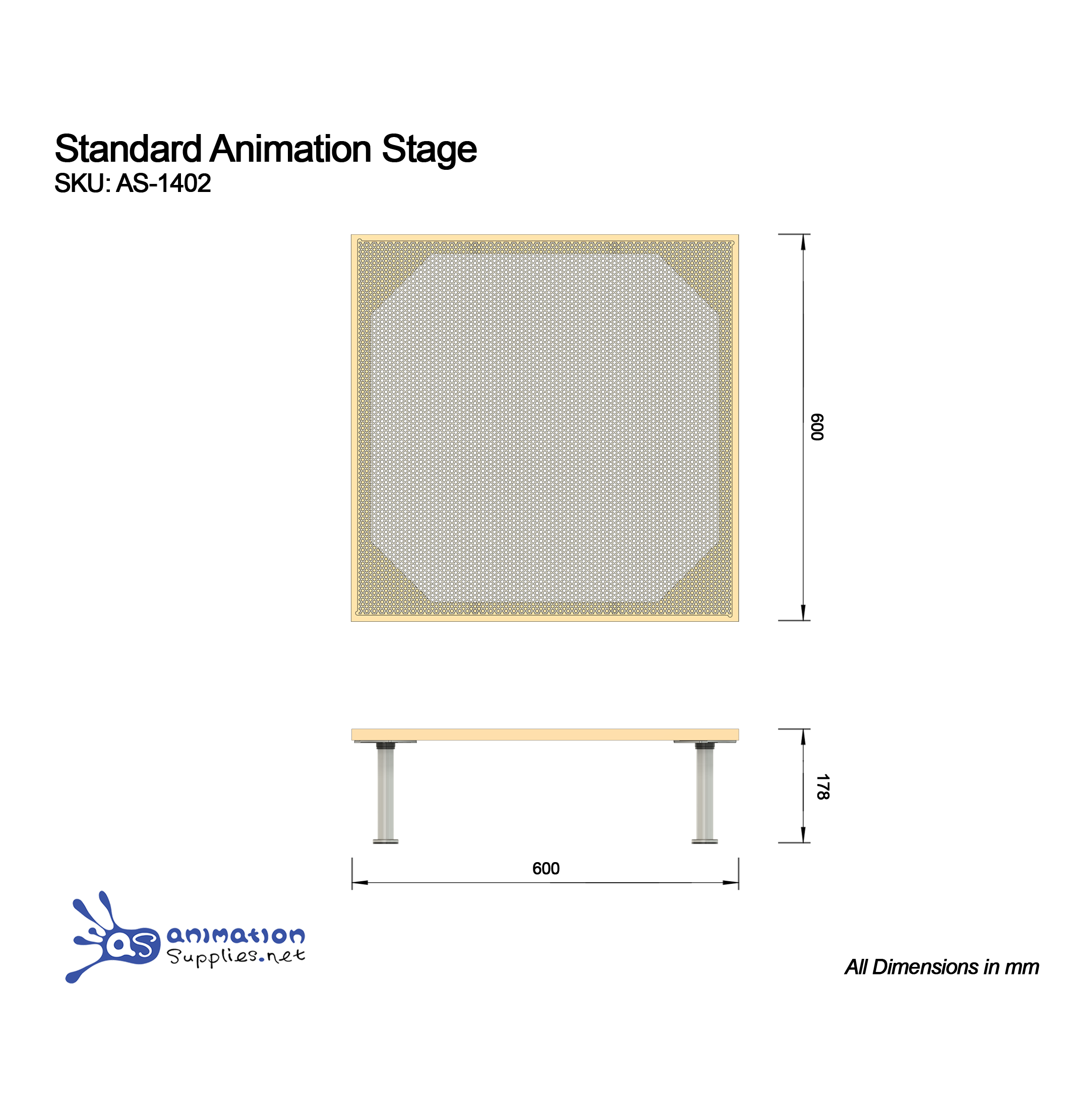Sacale drawing of the Animation Supplies Standard Animation Stage with dimensions.