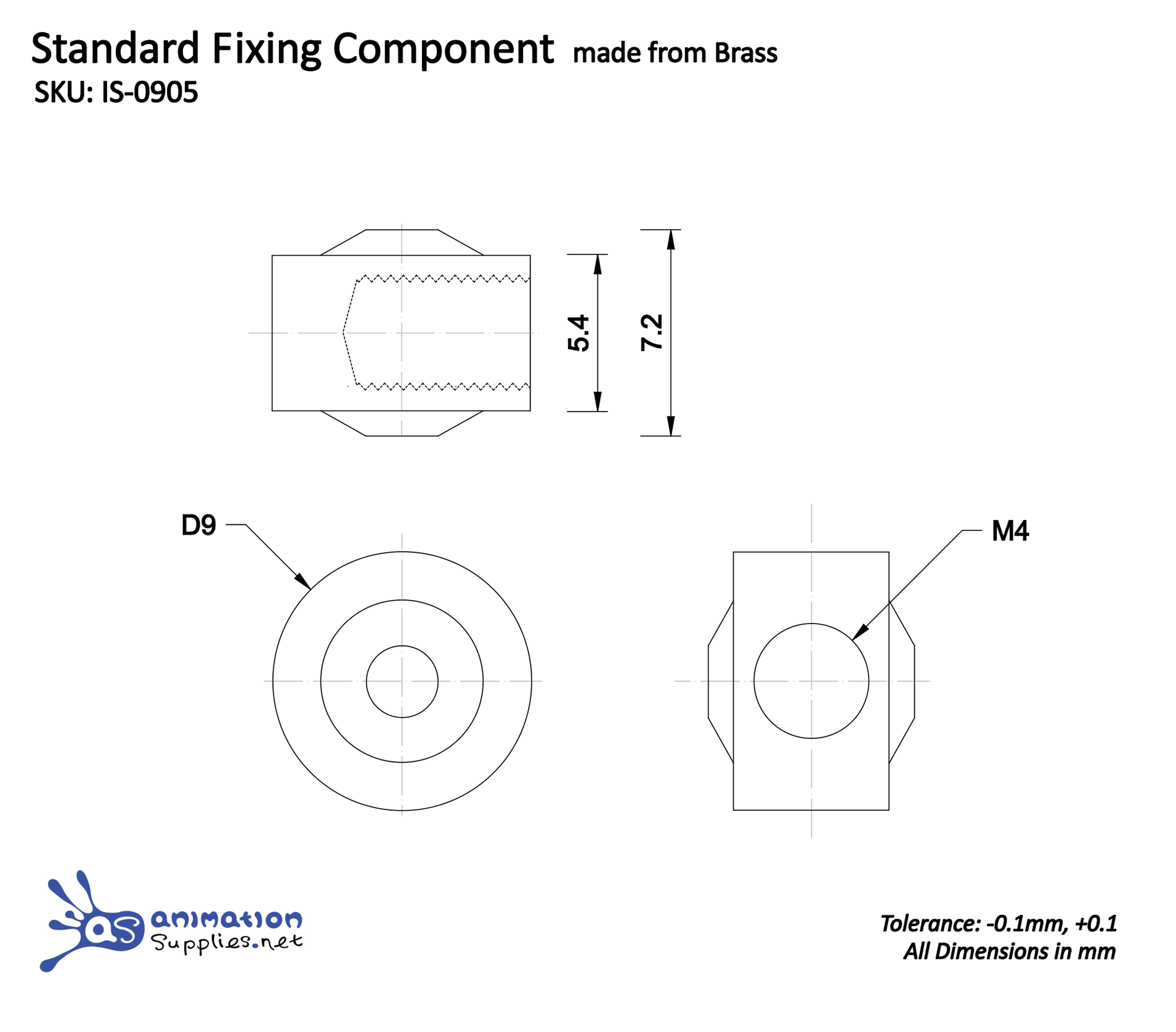 Technical drawing of a standard fixing component made from brass with dimensions and tolerances. Used in our Standard Animation Armature Kits
