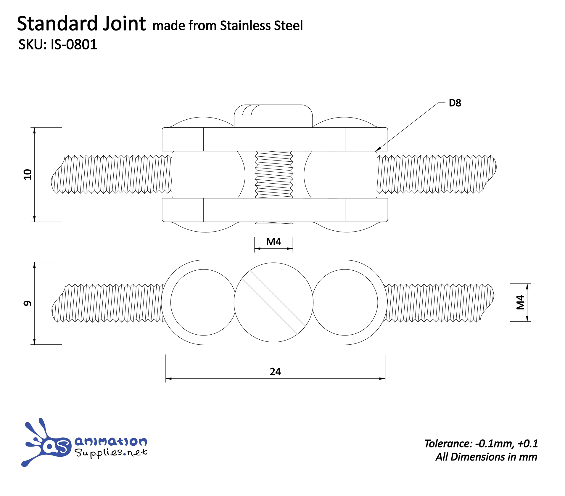 Technical drawing of a standard joint made from stainless steel with dimensions and tolerances. A Ball Joint used in our Standard Armature Kits.