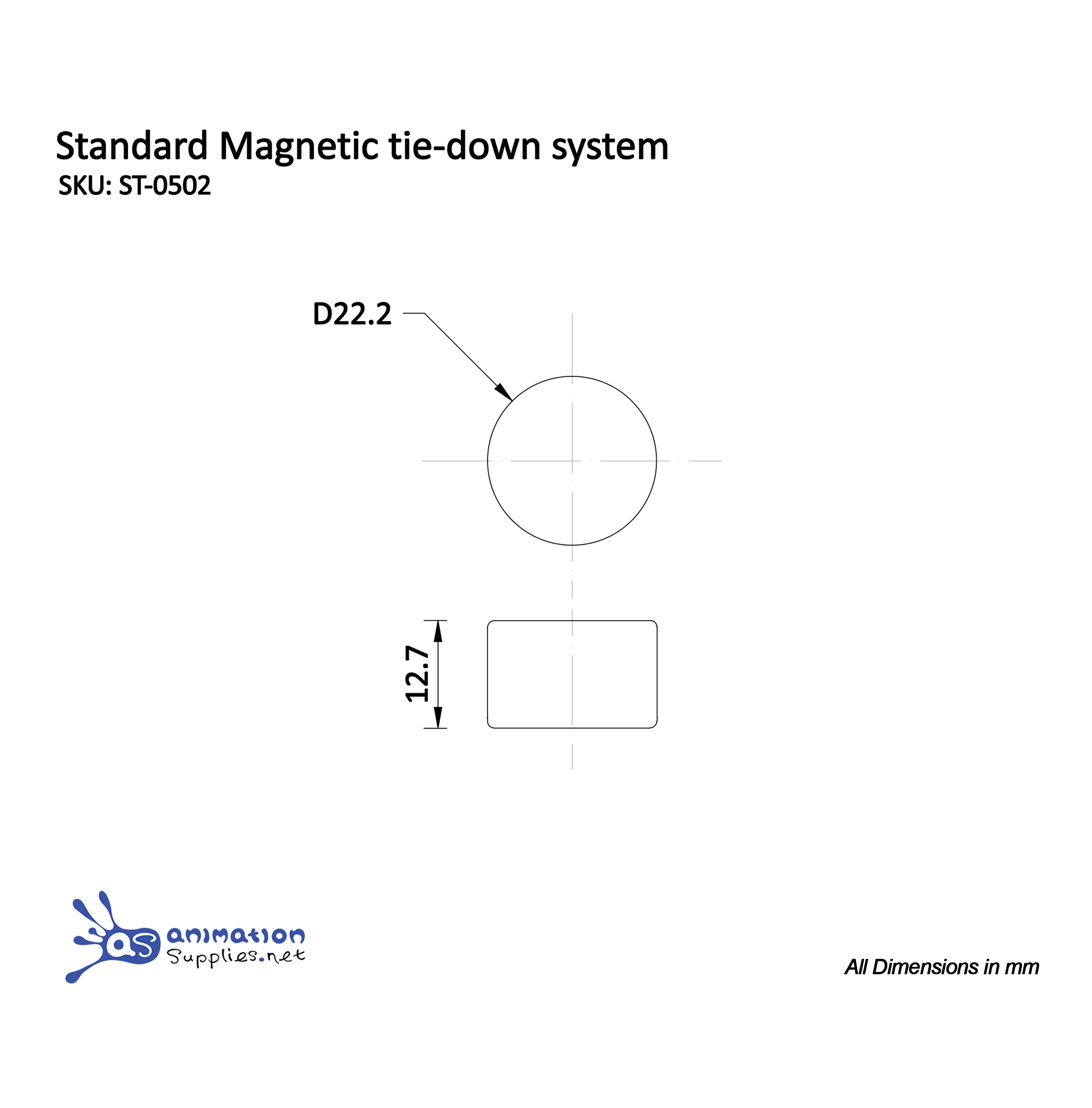 Technical drawing of a standard stop motion magnetic tie-down system with dimensions.