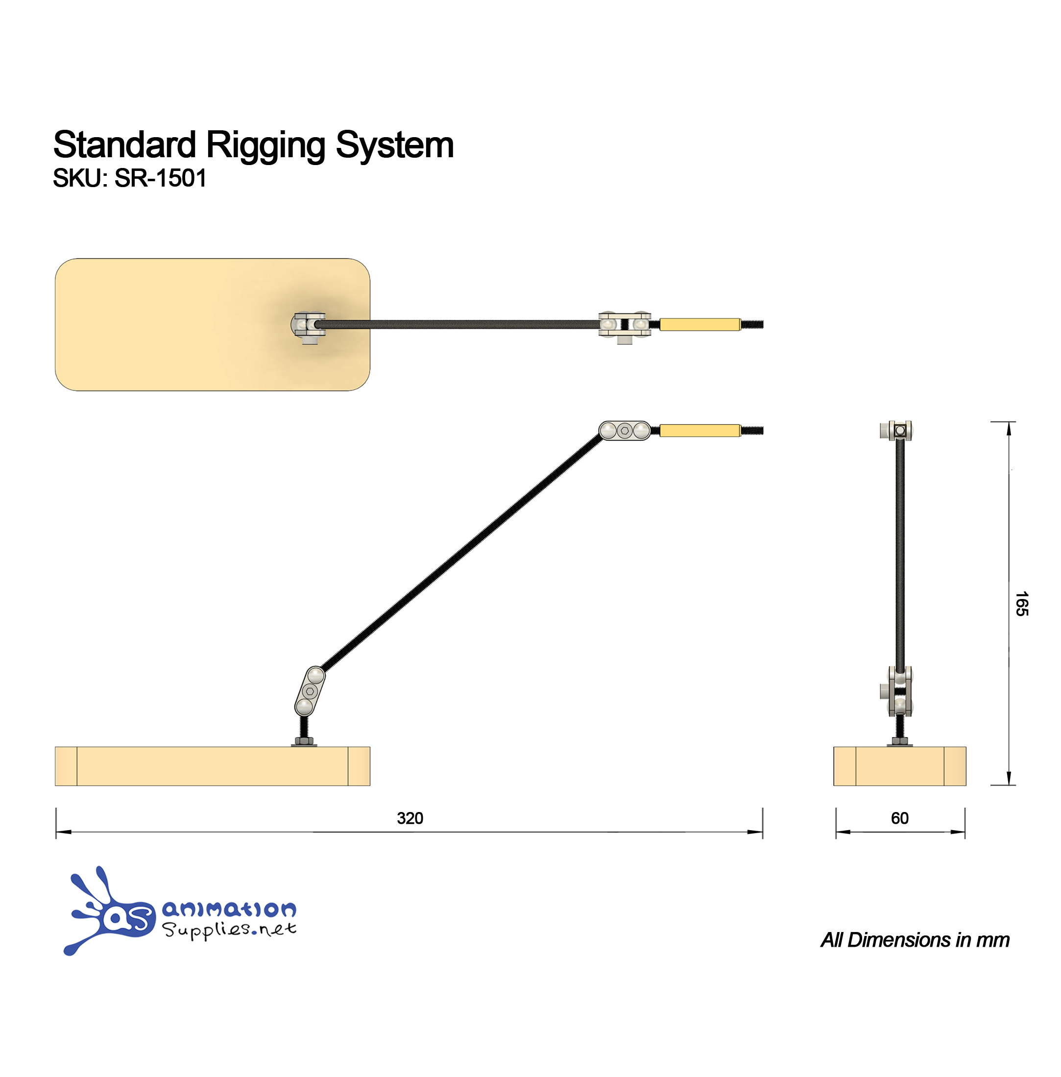 Diagram of the Stop Motion Standard Rigging System with dimensions.