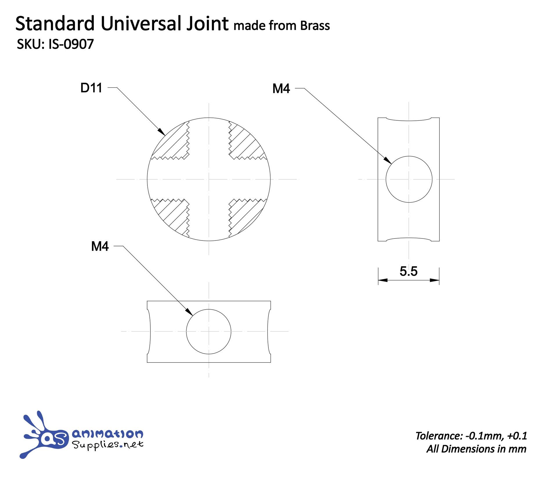 Technical drawing of a standard universal joint made from brass with dimensions and tolerances. Used in our Standard Stop Motion Armature.