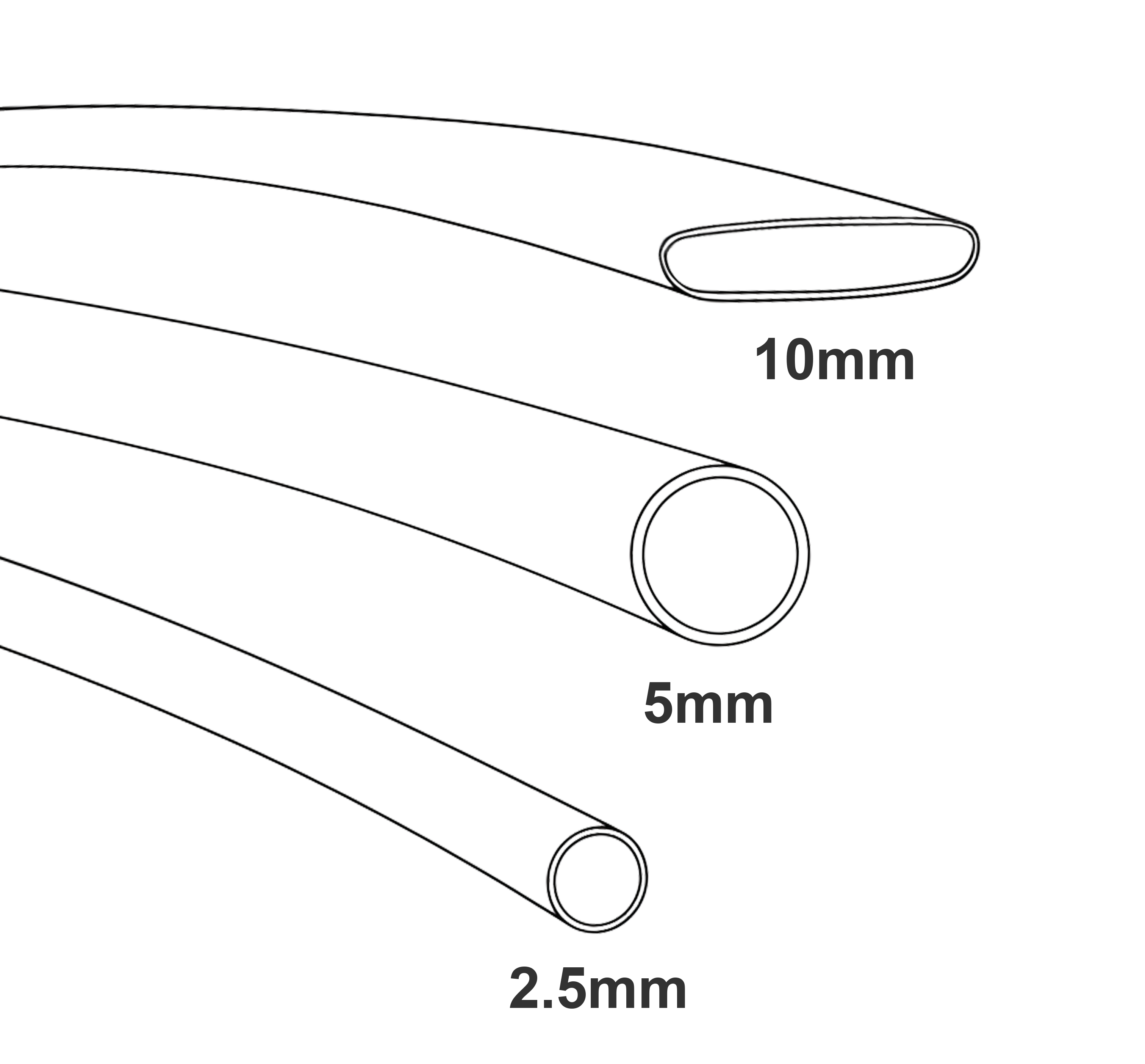 Drawing of clear heat shrink. Available in 10mm, 5mm and 2.5mm sizes.