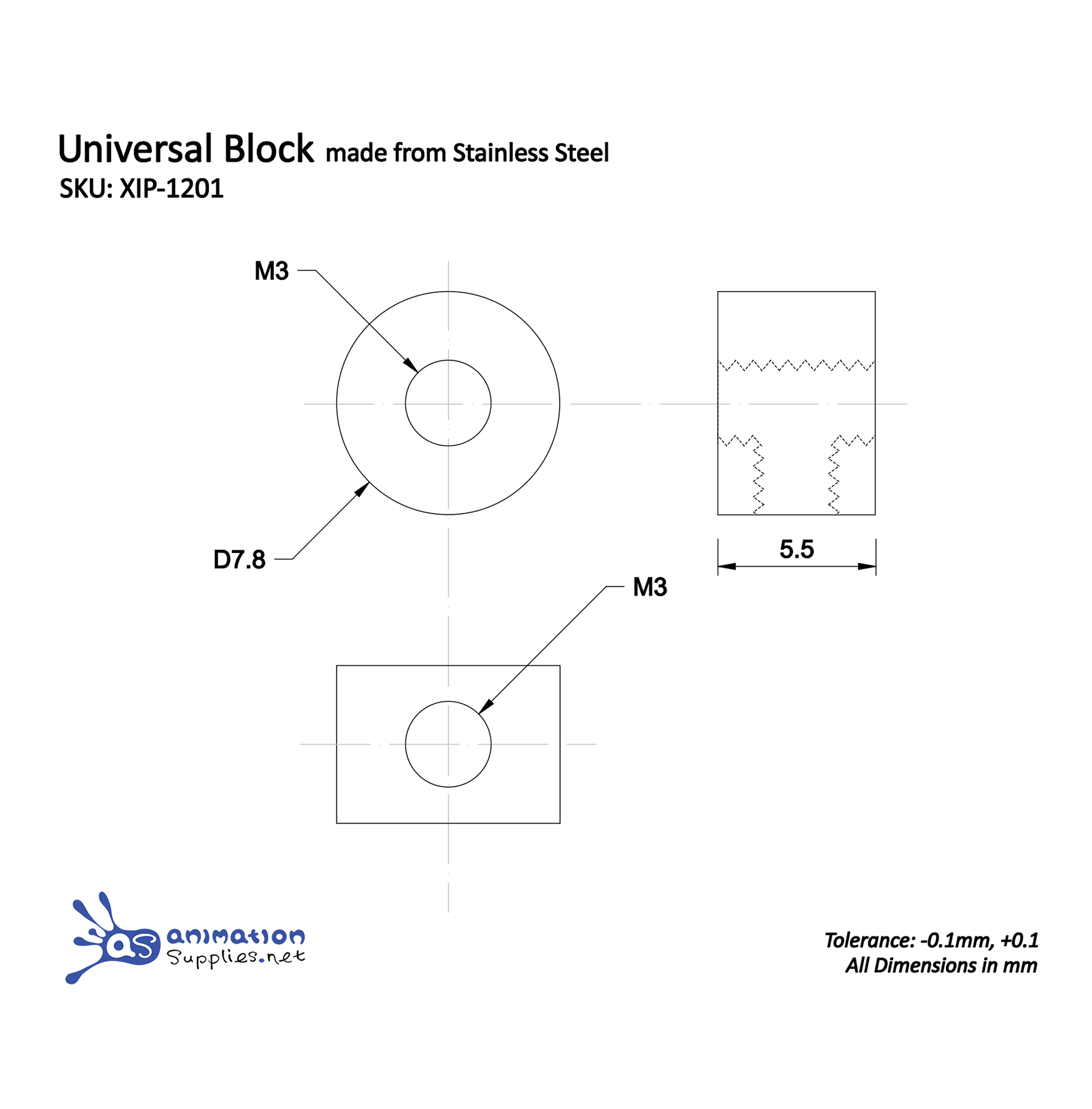 Technical drawing of the Animation Supplies universal block made from stainless steel with dimensions and tolerances.