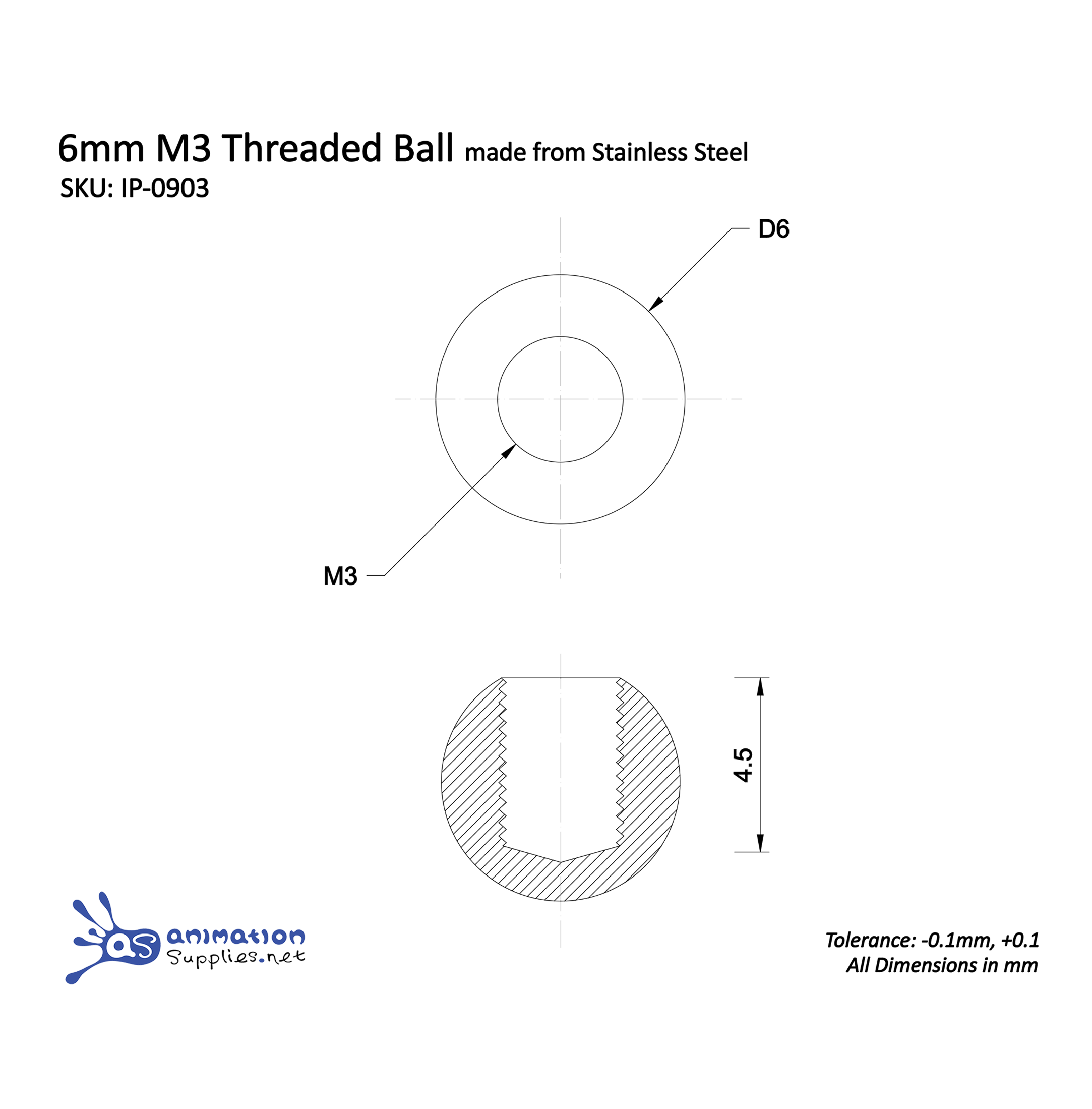 Technical drawing of a 6mm M3 threaded ball made from stainless steel with dimensions and tolerances.