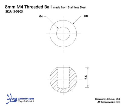 Working Drawing of 8mm M4 Threaded Ball. Used in Animation Supplies Armatures.