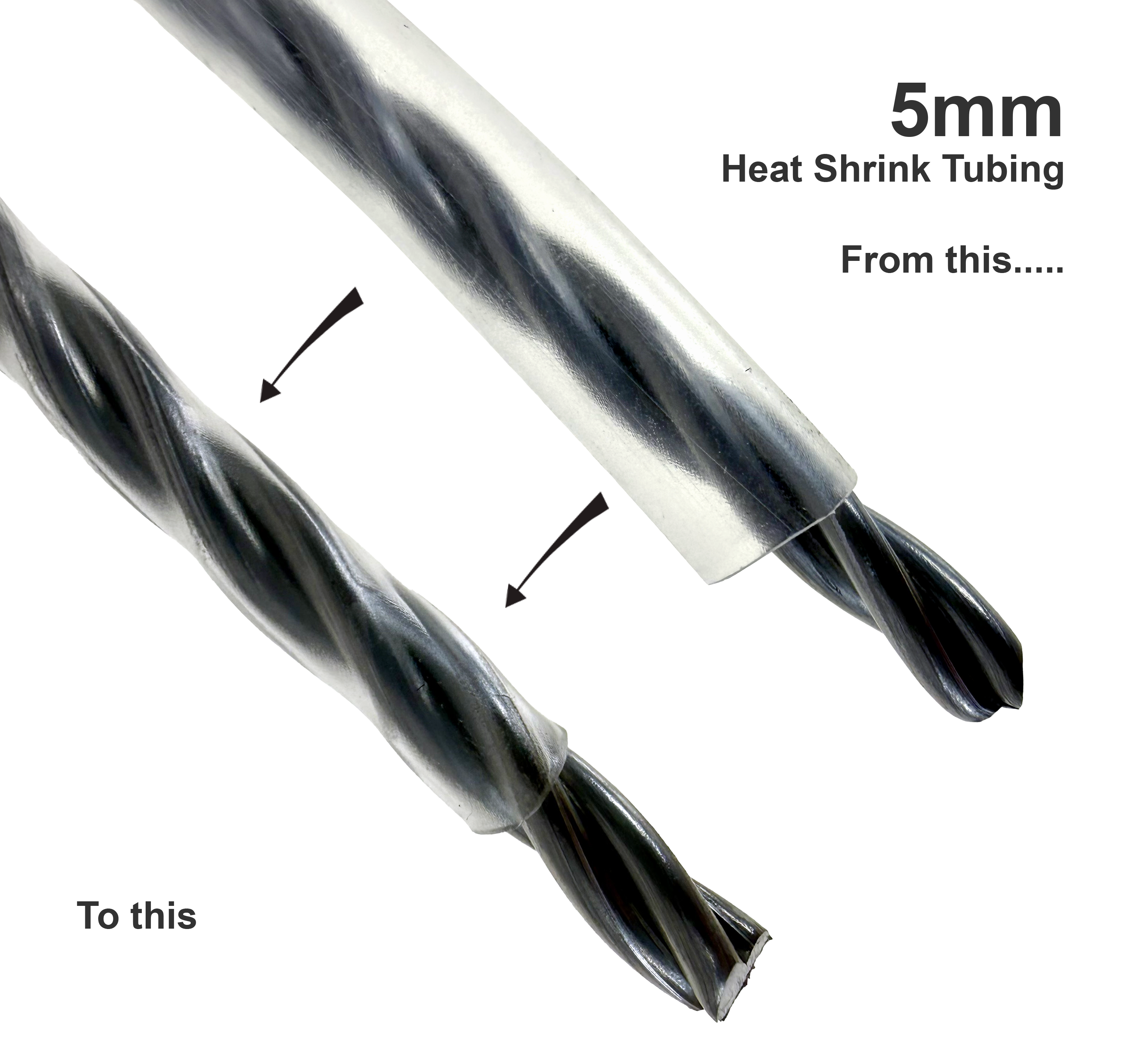 5mm Heat Shrink Tubing shrinks when heated.