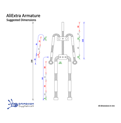 Technical drawing of an AliExtra Armature with suggested dimensions for your Stop Motion Puppet.
