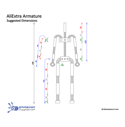 Technical drawing of AliExtra Armature from Animation Supplies with suggested dimensions.
