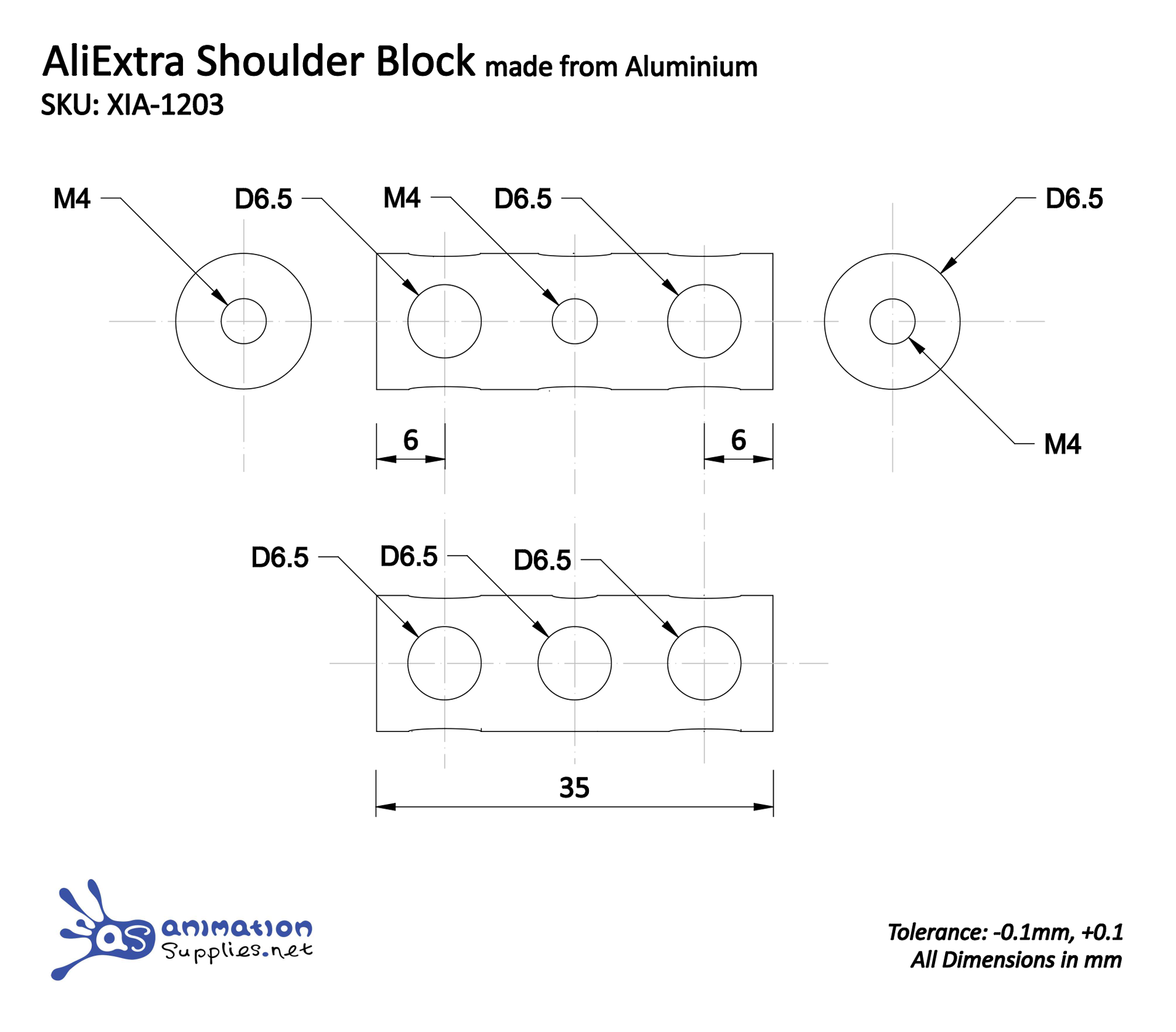 Working drawing of Animation Supplies AliExtra Shoulder Block - Wire stop motion armature component