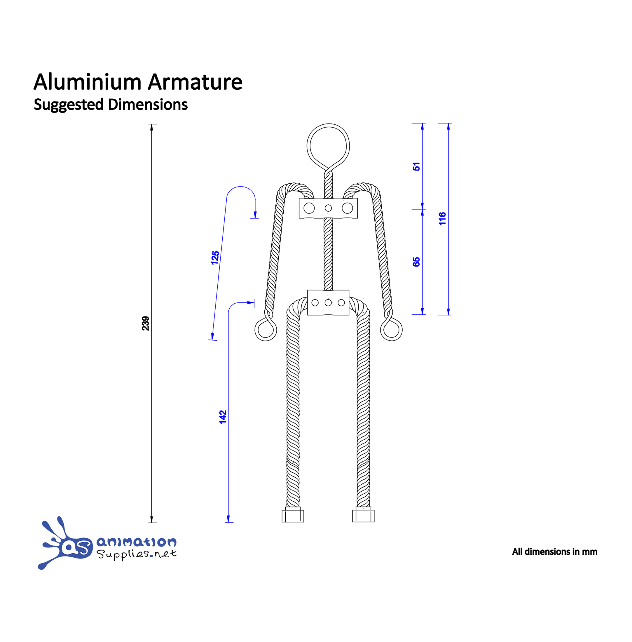 Technical drawing of the Animation Supplies Aluminium Armature Kit with dimensions.