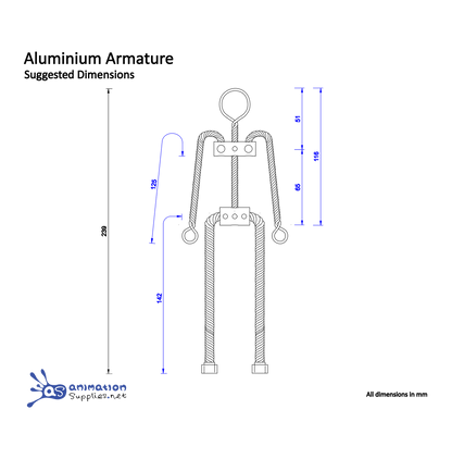 Technical drawing of the Animation Supplies Aluminium Armature Kit with dimensions.