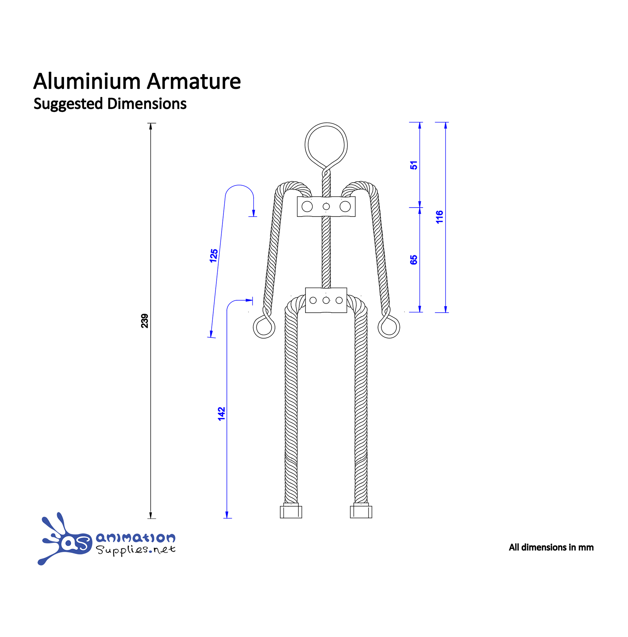 Stop Motion Aluminium Wire Armature Kit with suggested dimensions. 