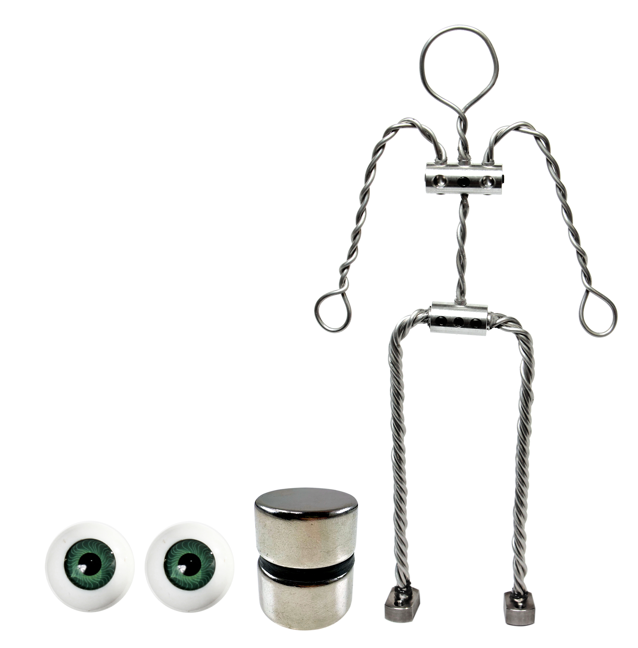 Animation Supplies Aluminium Armature Bundle Deal. Standard Tie-Down Magnets and Green Acrylic Eyes.