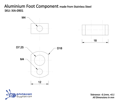 Technical drawing of an Aluminium Armature Foot Component for an Aluminium Wire Stop Motion Armature. Made from Stainless Steel with dimensions and tolerances.