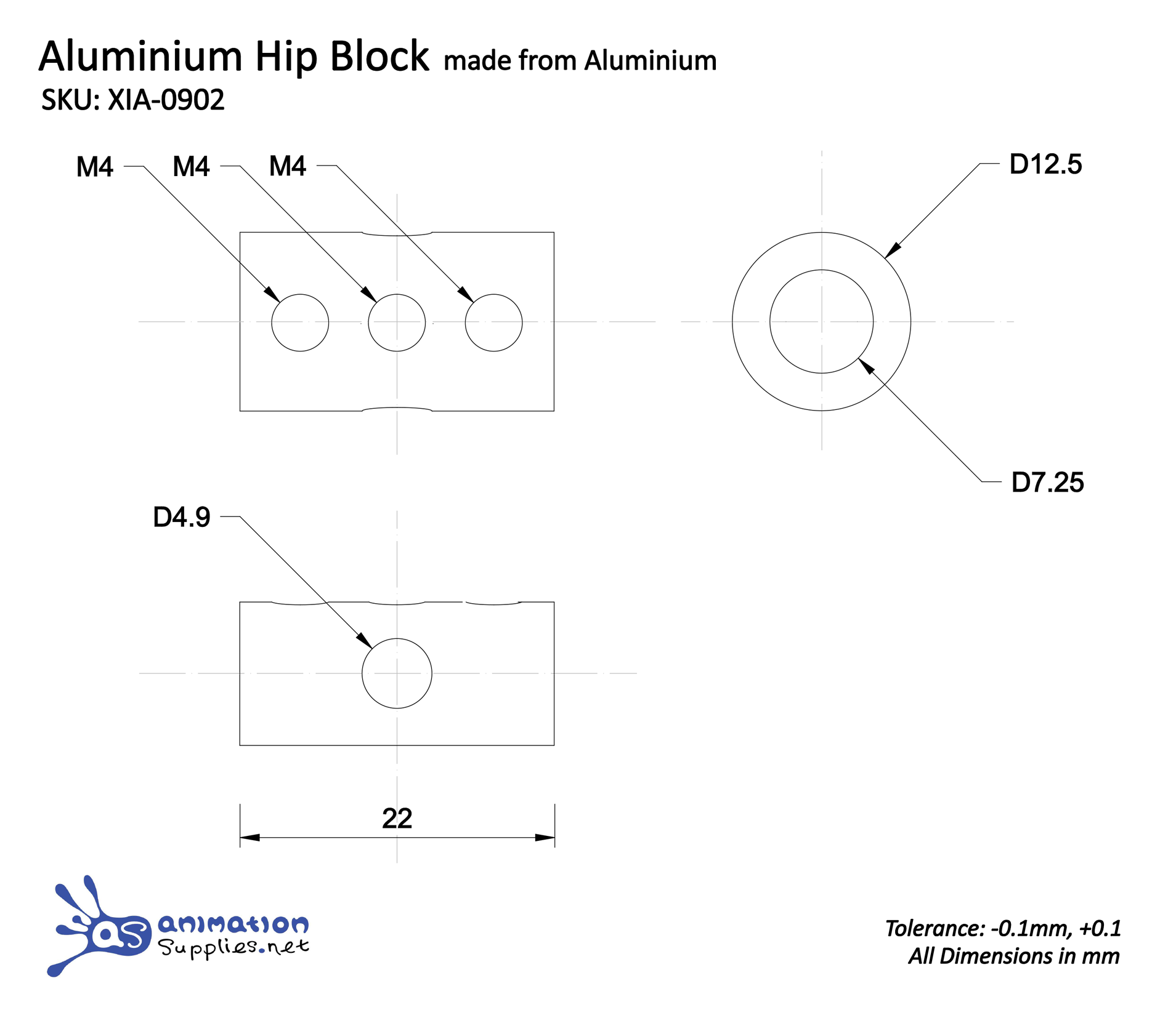 Technical drawing of an wire armature, aluminium hip block with dimensions and tolerances.