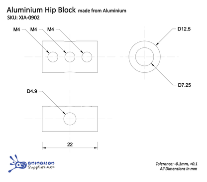 Technical drawing of an wire armature, aluminium hip block with dimensions and tolerances.