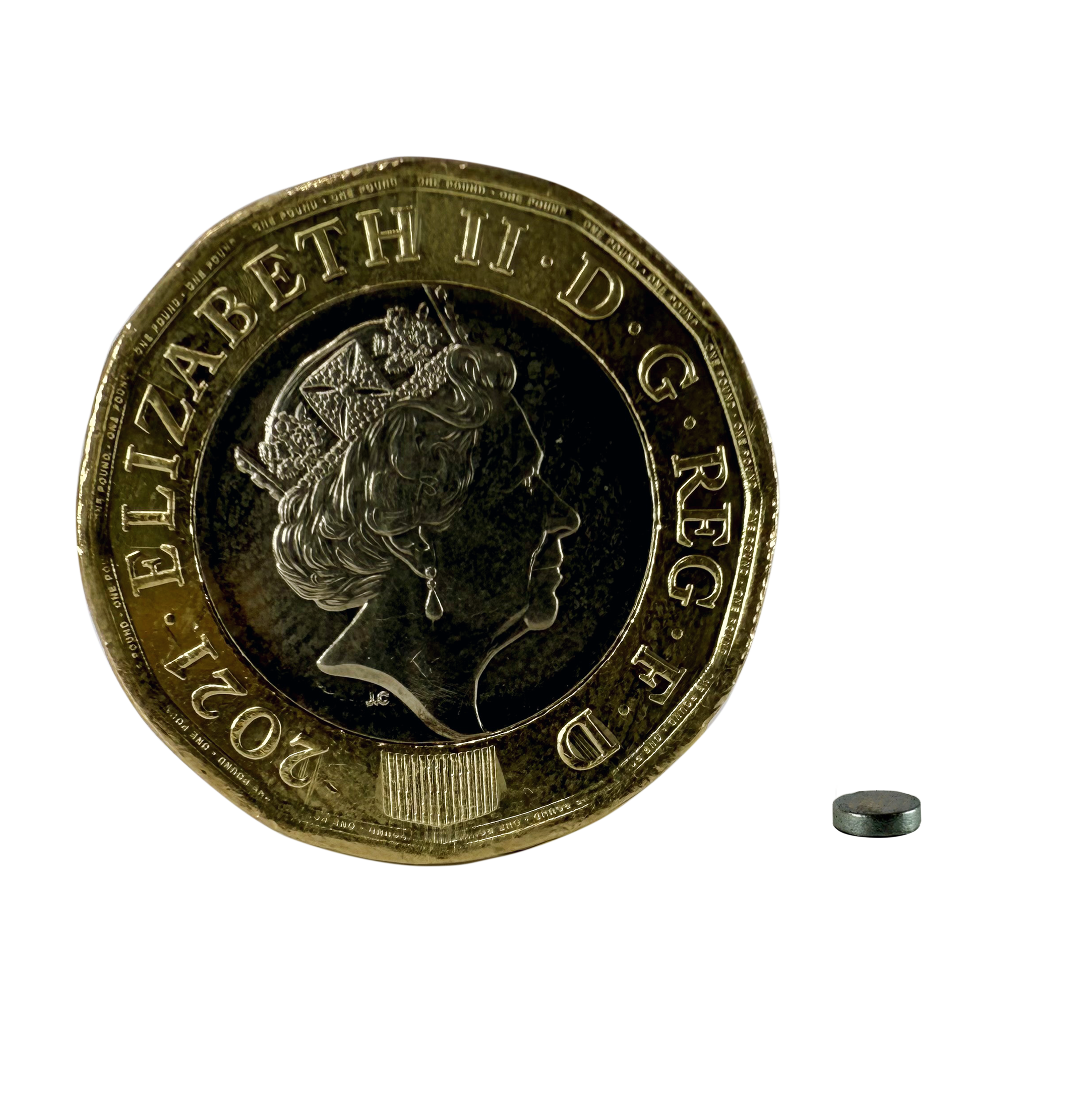 D3.0 x 0.8mm N35 Neodymium Magnet shown next to pound coin for scale.