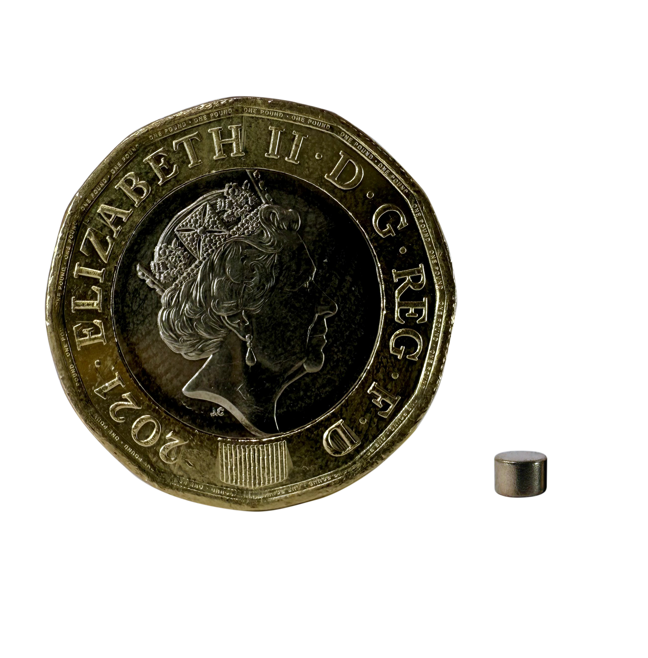D3.0 x 2.0mm N35 Neodymium Magnet pictured with pound coin for scale.