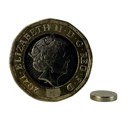 D8.0 x 1.5mm N35 Neodymium Magnet shown with a pound coin for scale.