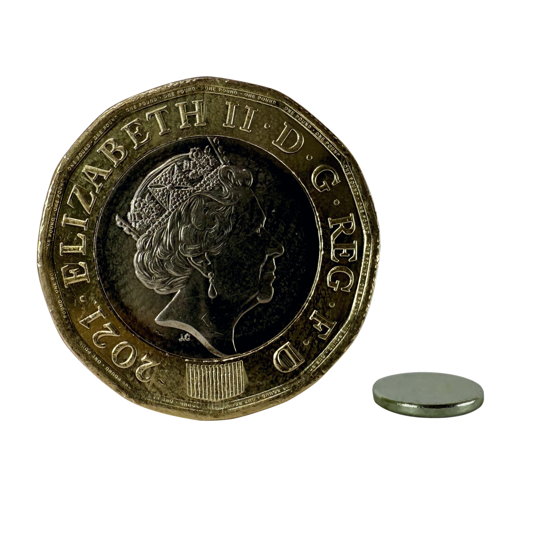 D8.0 x 1.0mm N35 Neodymium Magnets next to a pound coin for scale.