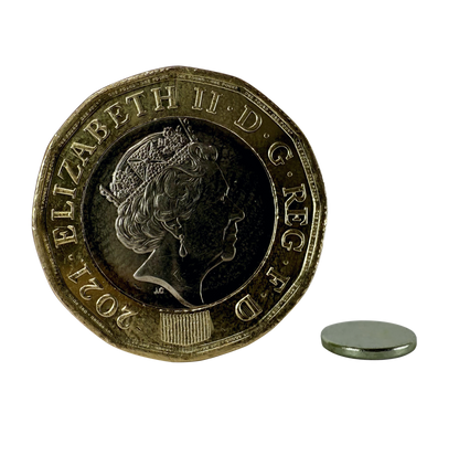 D8.0 x 1.0mm N35 Neodymium Magnets next to a pound coin for scale.