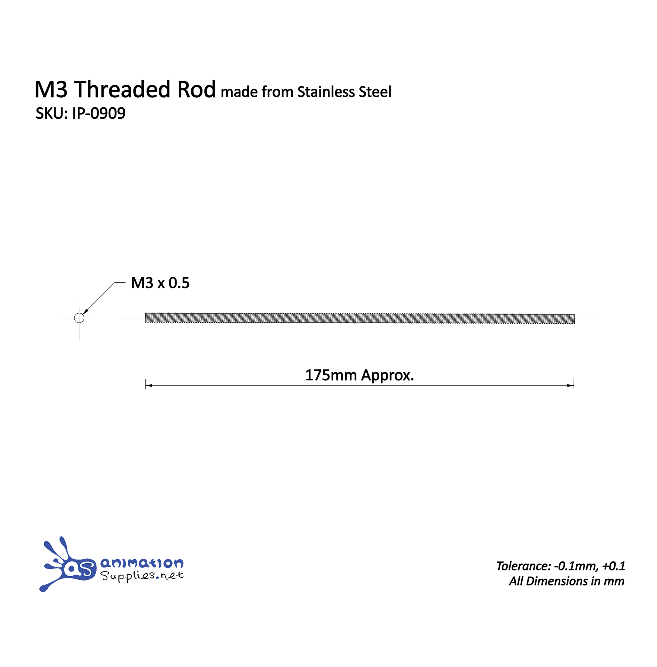 Technical drawing of M3 threaded rod made from stainless steel with dimensions and tolerances.