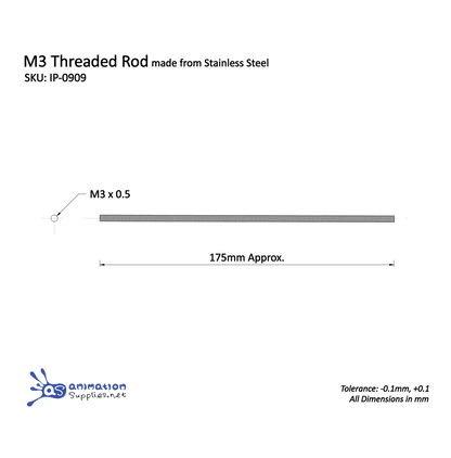 Technical drawing of M3 threaded rod made from stainless steel with dimensions and tolerances.
