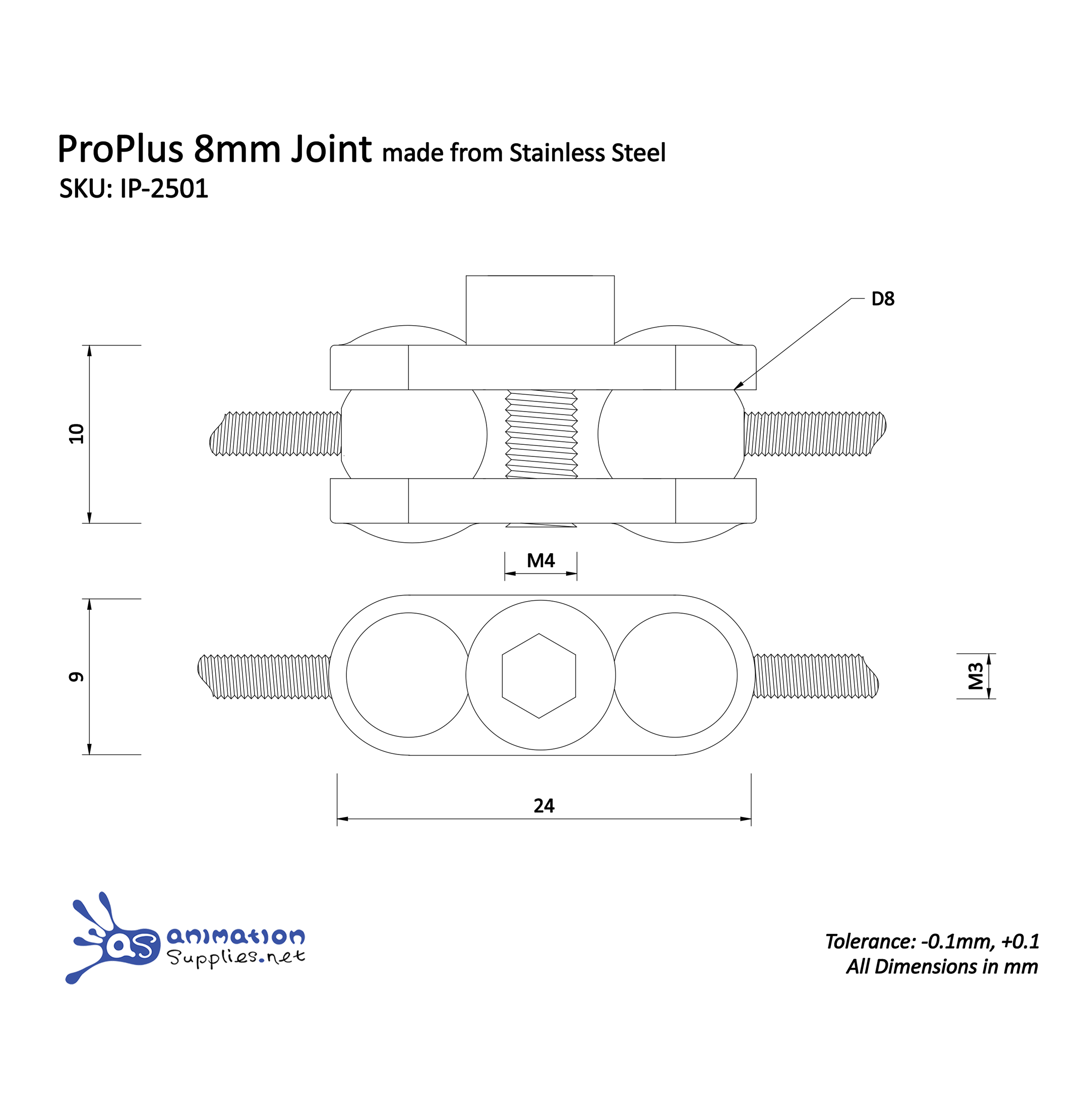 Technical drawing of a ProPlus 8mm armature ball joint made from stainless steel with dimensions and tolerances.
