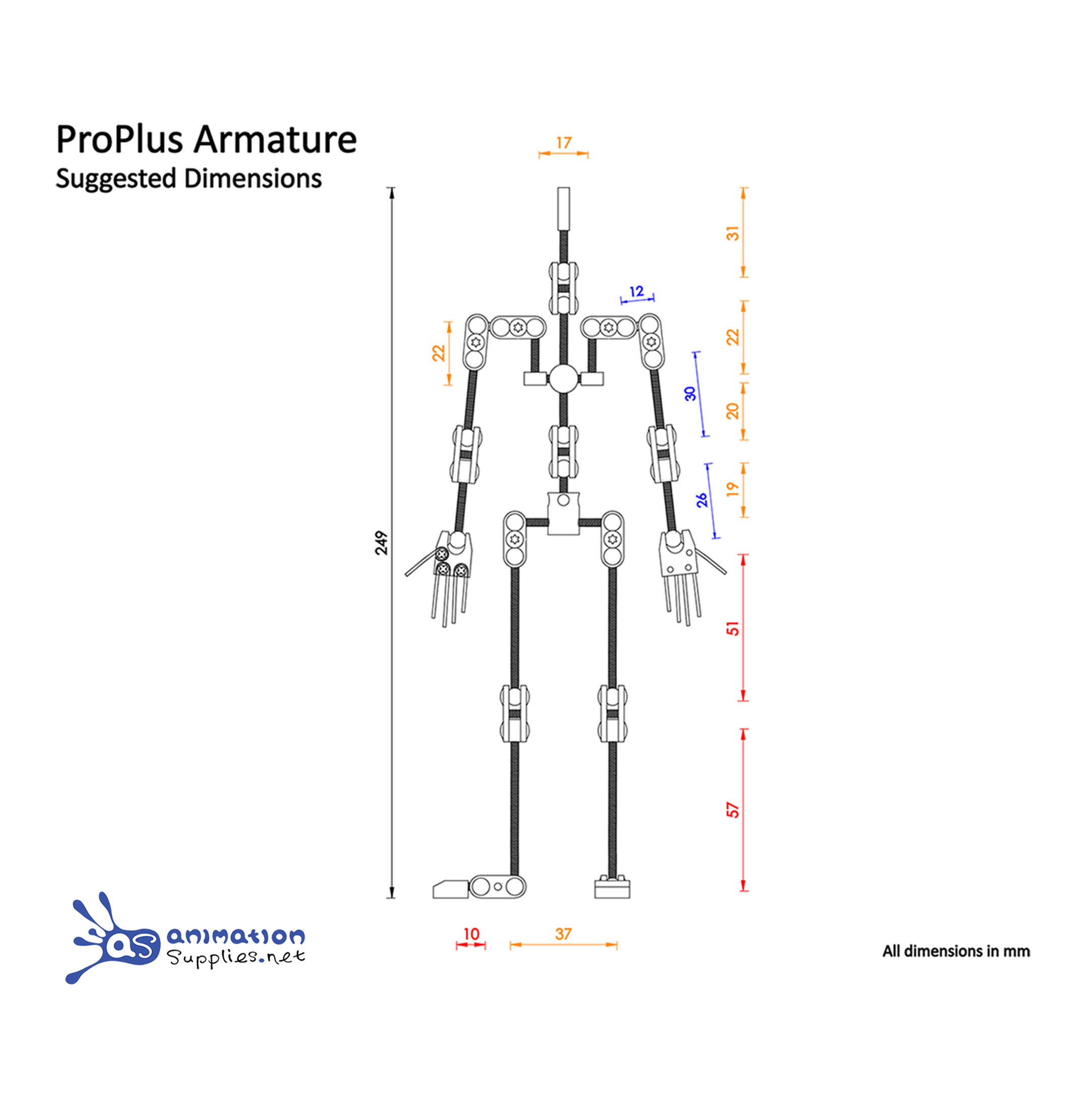 Technical drawing of the Animation Supplies ProPlus Stop Motion Armature with suggested dimensions.