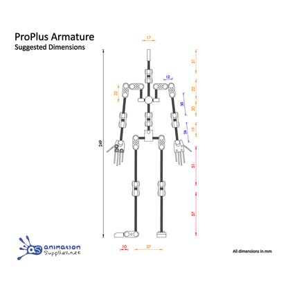 Technical drawing of the Animation Supplies ProPlus Stop Motion Armature with suggested dimensions.