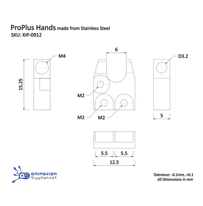 Technical drawing of ProPlus Hands made from Stainless Steel with dimensions and tolerances. Used in our ProPlus Stop Motion Armatures.